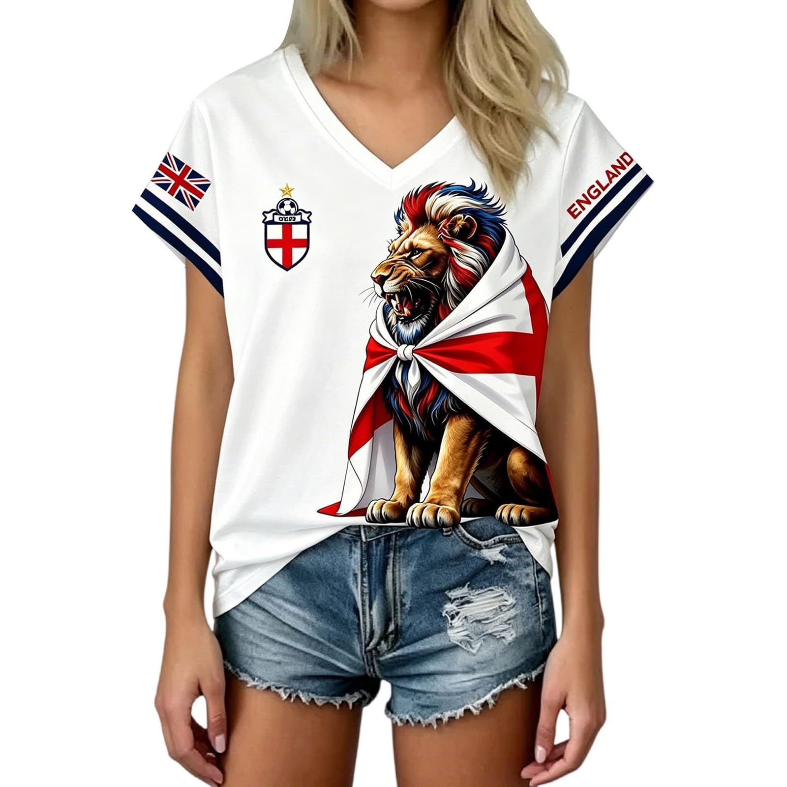 Retro England Football Shirt 2026 World Cup, Jersey Tops for Women Ladies England T Shirts Womens Football Top, V Neck Lightweight Breathable Classic Soccer Shirt Training Summer Sport Fans T-Shirts