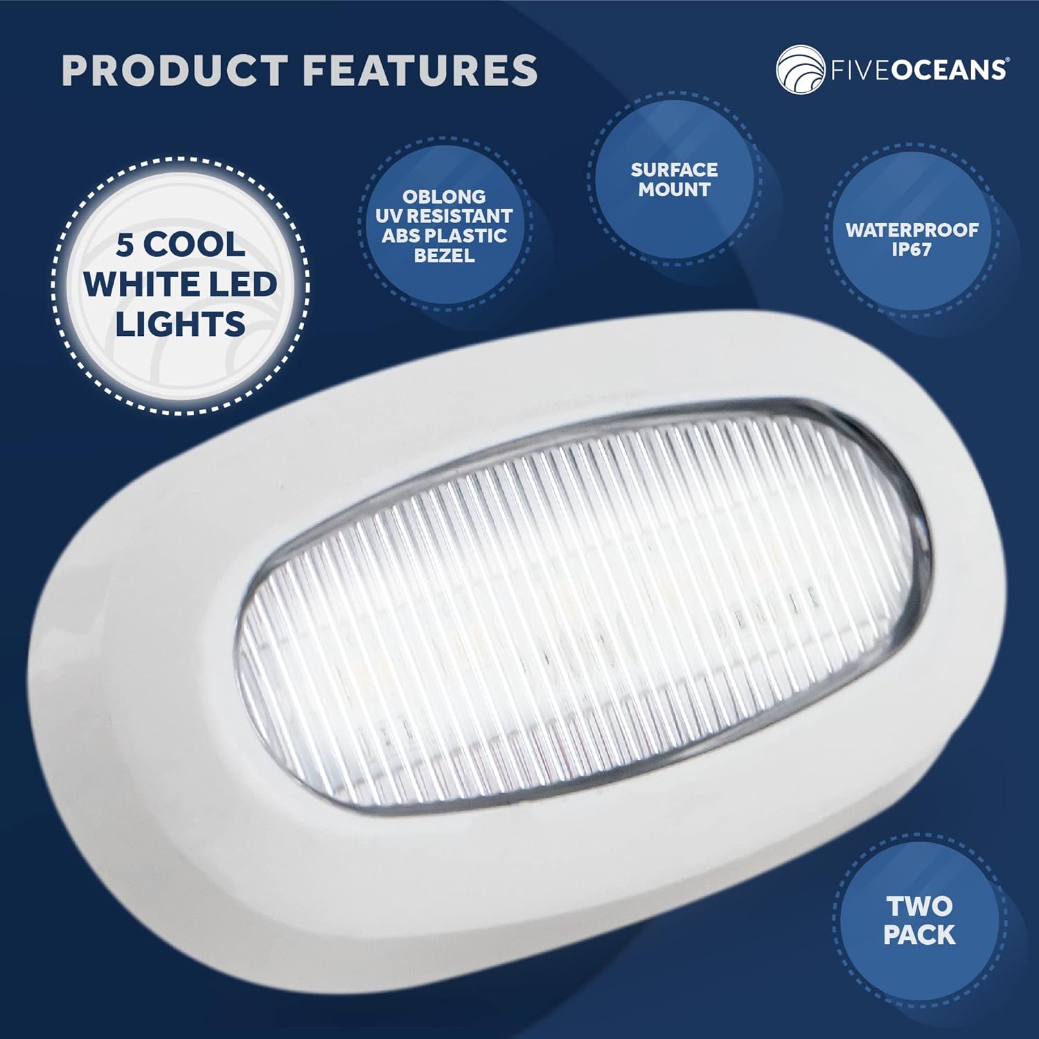 Five Oceans Oblong LED Courtesy Light, 2 Pack Boat Accent Lights, Marine Light for Boat Interior, Deck, Cockpit, Cool White LED, IP 67 Waterproof, 12V, Pontoon, Fishing Boat, Yacht, RVs - FO3672-M2 : Sports & Outdoors