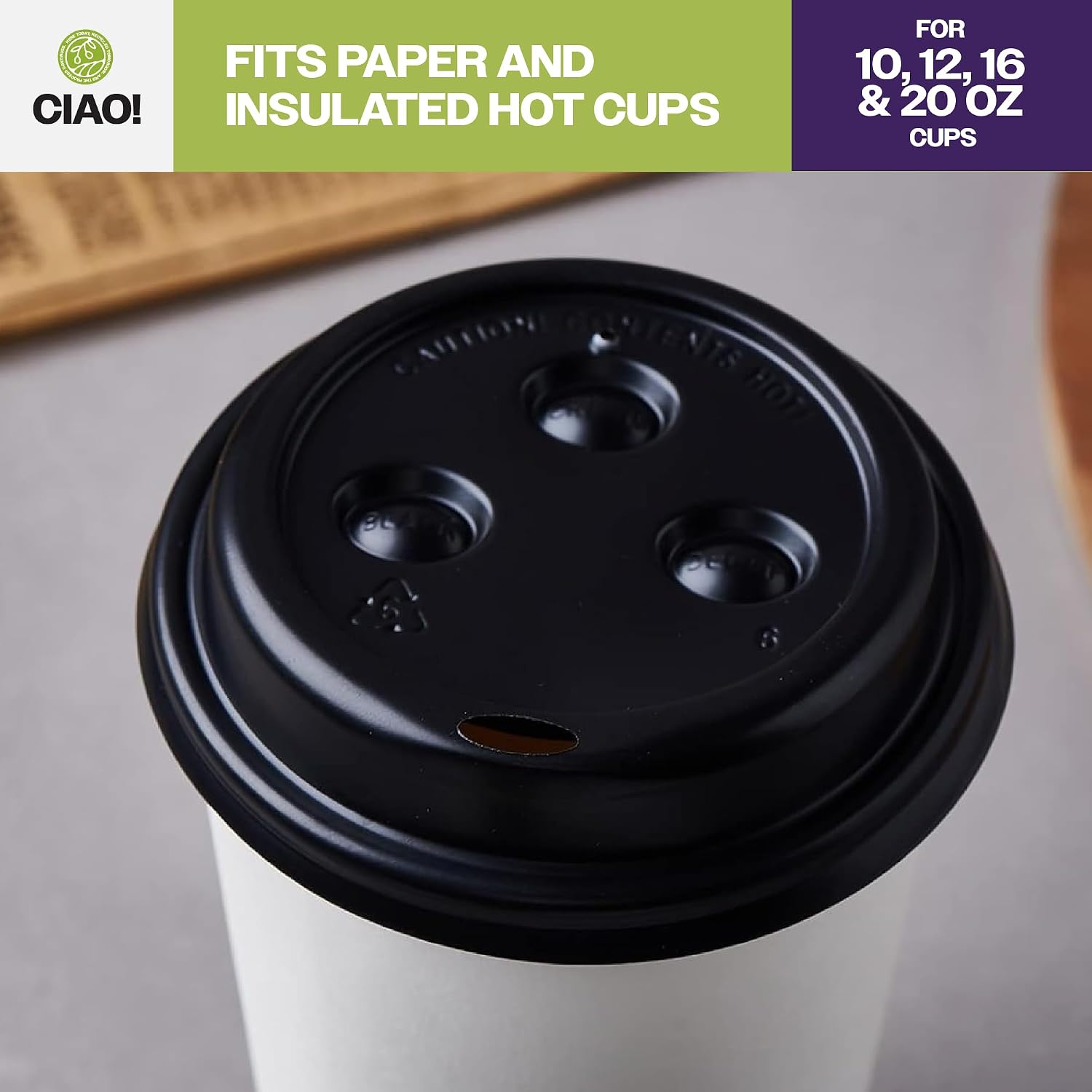 CIAO! Coffee Cup Sipper Black Dome Lid, Designed and Fit for 10OZ/12OZ/16OZ/20OZ Paper Cups, (90mm) 1,000 Count