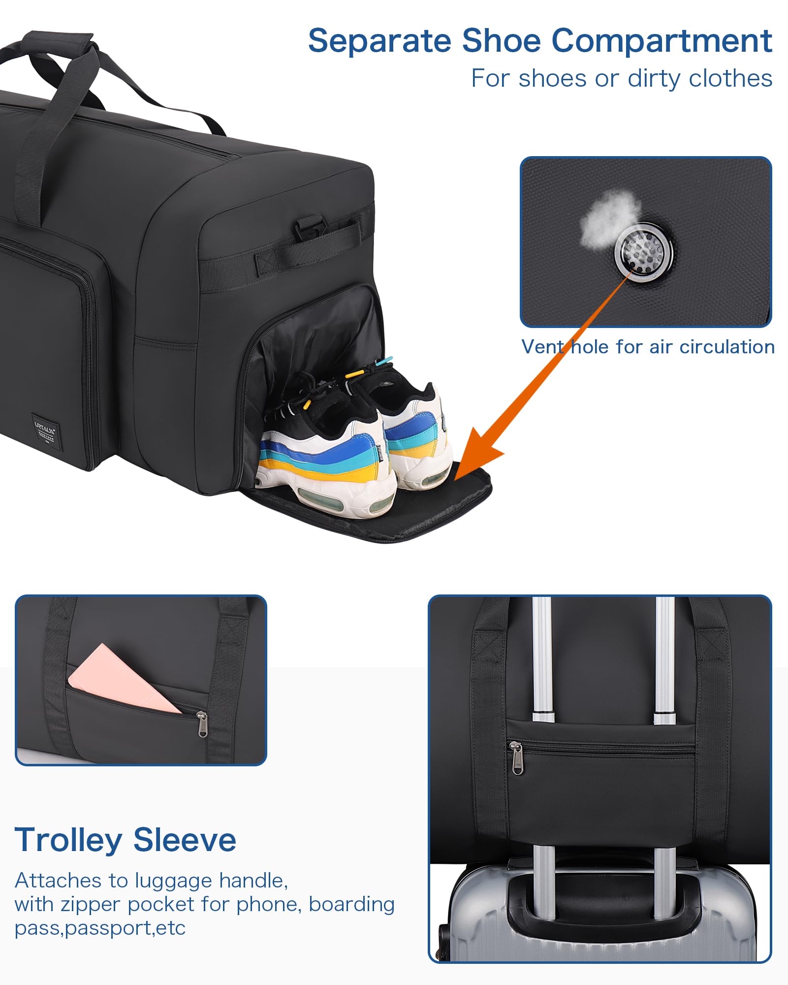 Urtala Sac de Voyage Pliable pour Hommes et Femmes, 80l Grand Sac Voyage Imperméable avec Compartiment à Chaussures, Bagage à Main/Sac de Sport