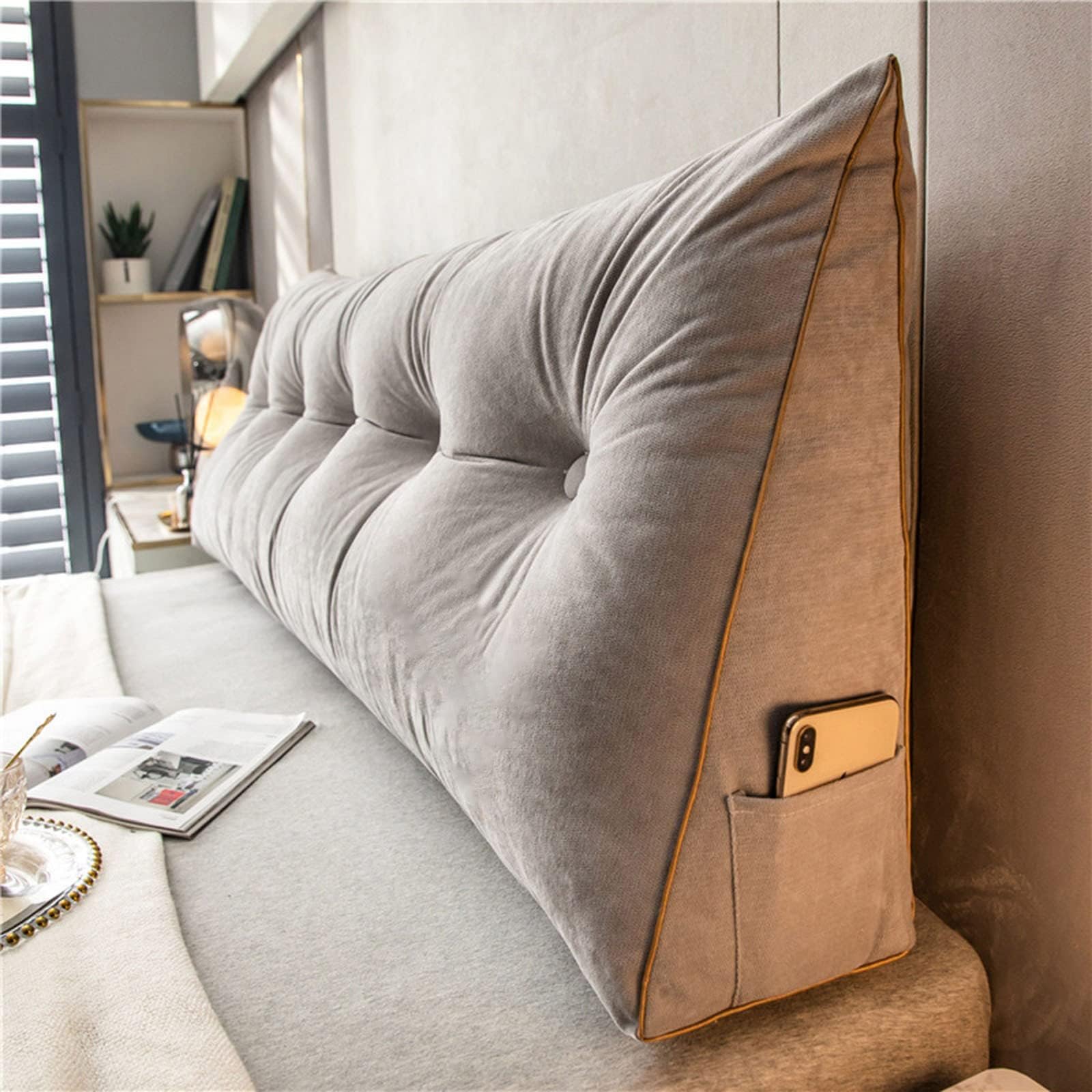 DMJLI-T Headboards for Beds Lumbar Bed Pillow Reading Backrest Cushion Triangular Wedge Pillow Headboard Reading Backrest Cushion Headboard Bolster Support Pillow,60×50×20cm-Grigio
