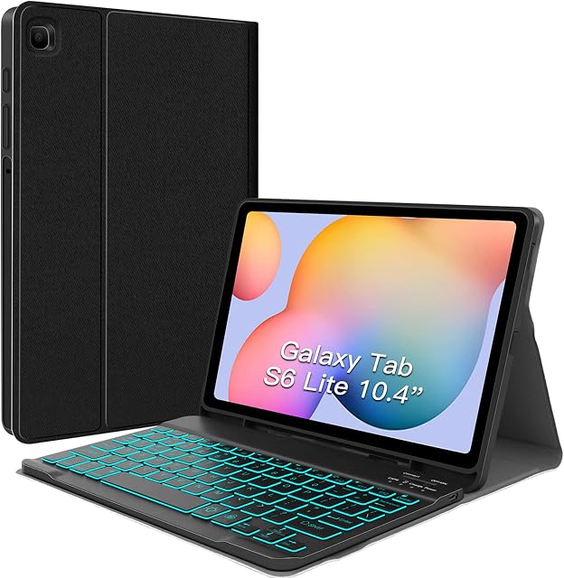 JUQITECH Backlit Keyboard Case for Samsung-Galaxy-Tab S6 Lite 10.4" 2022/2020, Galaxy Tab S6 Lite SM-P610/P613/P615/P619 Smart Tablet Cover Case with Detachable Wireless Keyboard S Pen Holder, Black