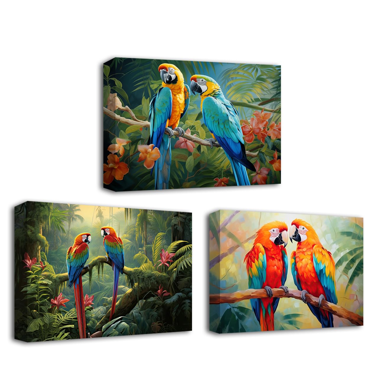 CXHOSTENT Parrot Canvas Wall Art set of 3 Parrot Couple on Branch Painting Tropical Rain Forest Animal Pictures Prints Colorful Birds Artwork Framed (Parrot-2, 60.00 x 90.00 cms x 3PCS) โ image 1