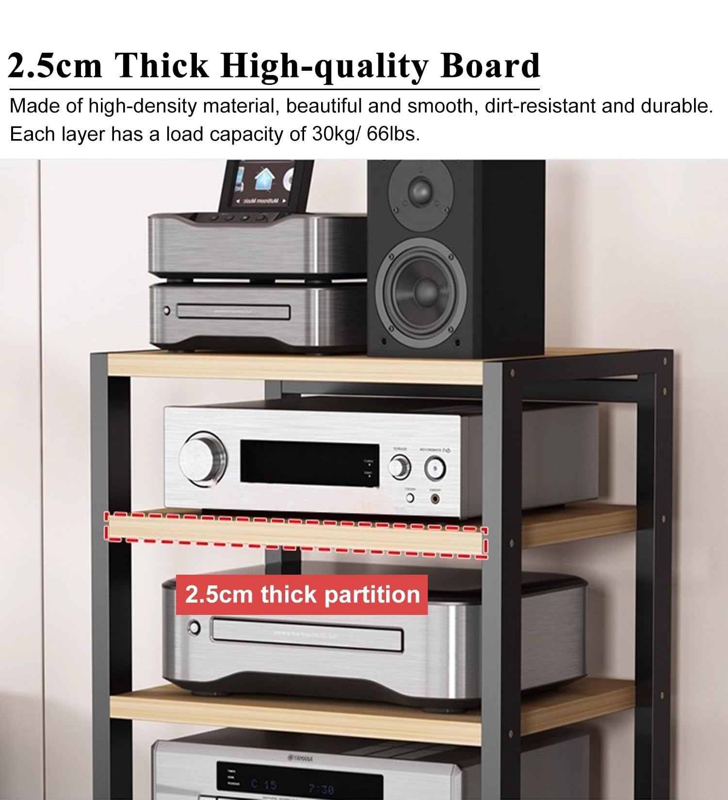 Rack HiFi con 2/3/4/5 livelli, supporto AV multimediale, rack per componenti audio/video, stabile armadio di archiviazione stereo per lettore DVD/giradischi/TV box (nero, L55 x W50 x H40 cm)