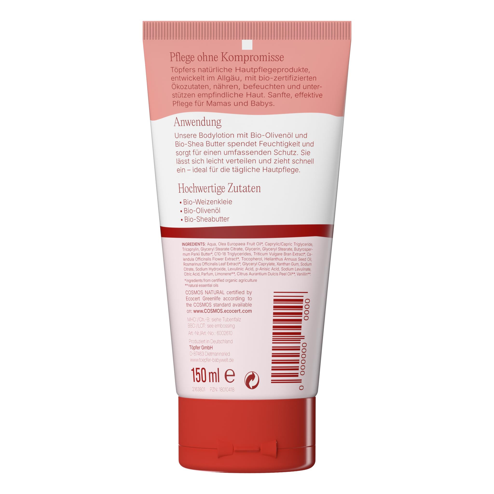 Töpfer Babycare - Loción corporal ligera para pieles sensibles del bebé, con salvado de trigo orgánico, aceite de oliva orgánico y manteca de karité orgánica, 6 x 150 ml