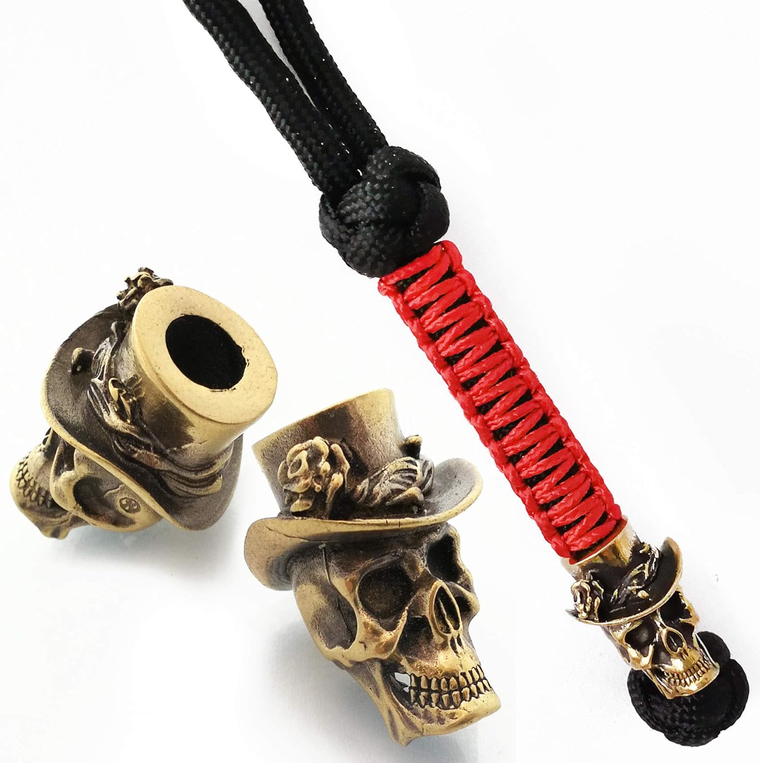 CooB EDC Paracord Knife Lanyard with Metal Hand Casted Paracord Bead Beads, Charm Voodoo Skull Head. HandMade Keychain Lanyards for Knives (Bronze)