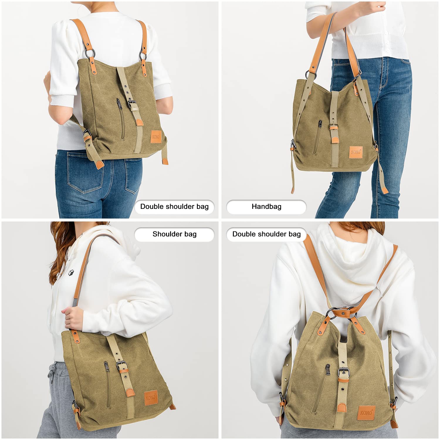 Kono Mochila de Bandolera, Bolso de Lona Versátil y Multifuncional, Elegantes Bolsos Cruzados, Gran Capacidad Mochila Duradera para Viajes de Gran Capacidad para Mujeres Niñas(Khaki)