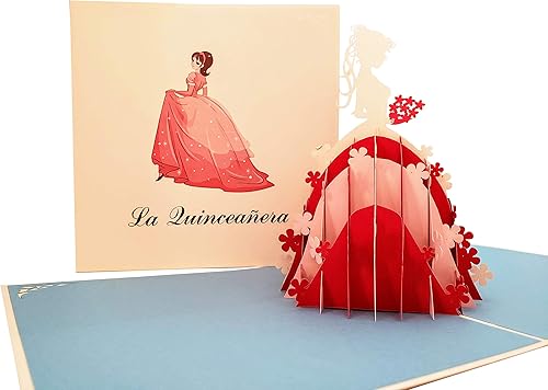 iGifts And Cards La Quinceañera - Tarjeta desplegable – Elegante vestido 3D "La Quinceañera" rosa y rojo – Cumpleaños, hito, celebración, recuerdo –
