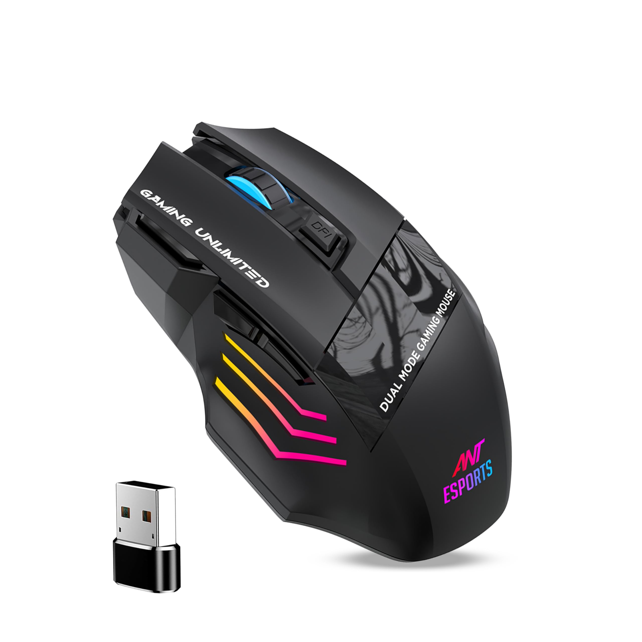 Ant Esports GM105 Pro Wireless Gaming Mouse | 2.4G & BT Dual Mode | 7 Buttons | 3600 DPI | 300mAh Battery | 4000 FPS Sensor| Multicolour RGB LED | USB-C Charging | Lightweight Ergonomic Design_Black