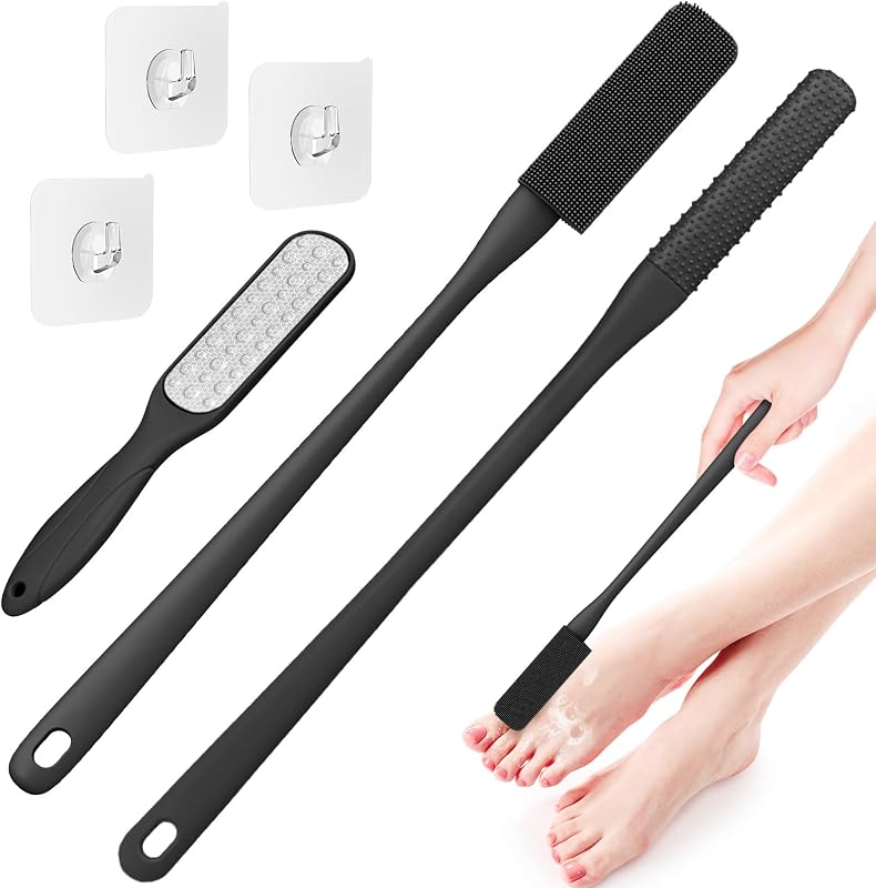 Escova de silicone para limpeza dos pés e dedos Vafada, cabo longo, preta, pacote com 3