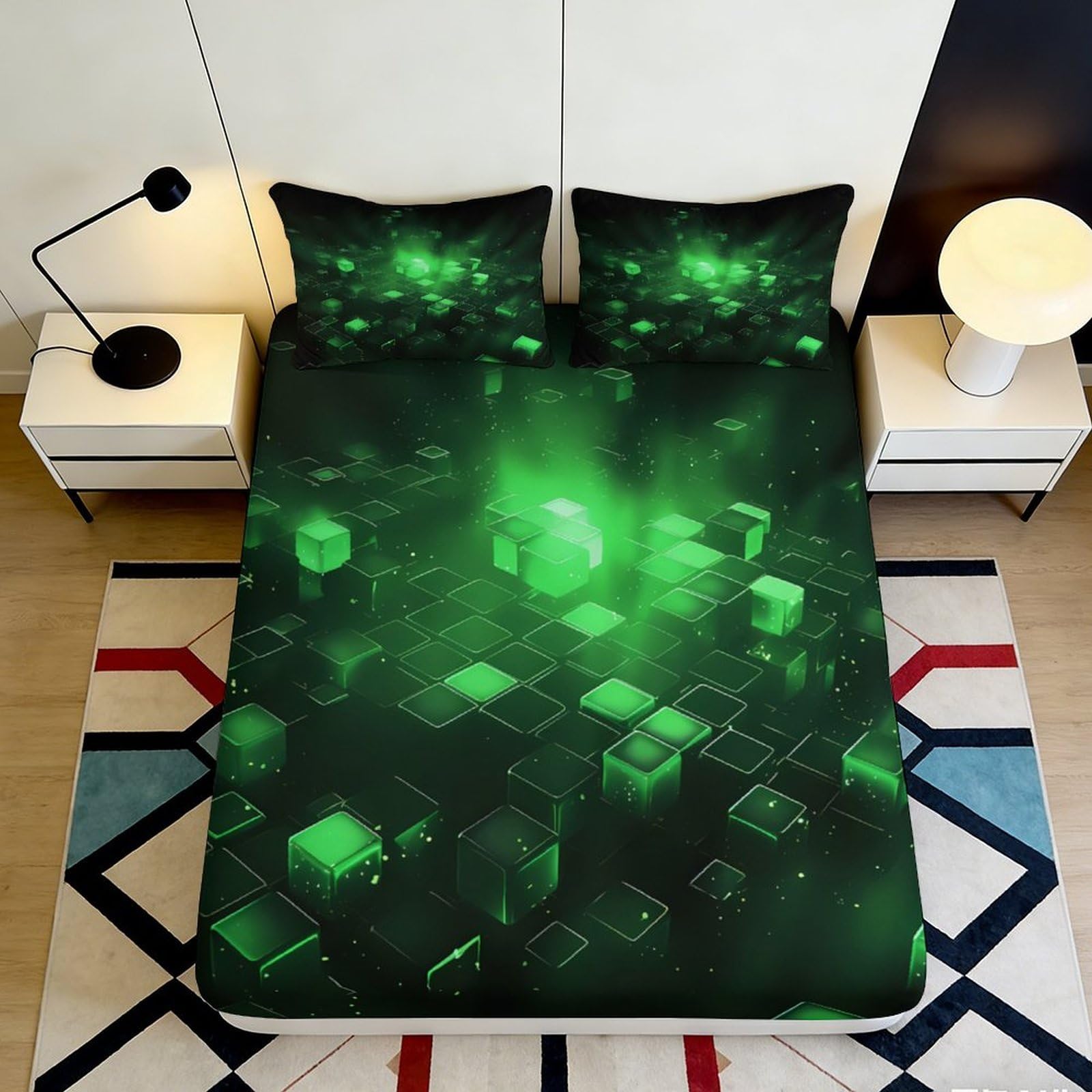 3D Printed Neon Cube Fitted Sheet Microfiber Soft Breathable Geometric Block Bed Cover for Bedroom Guest Room Decor 90x200x25cm