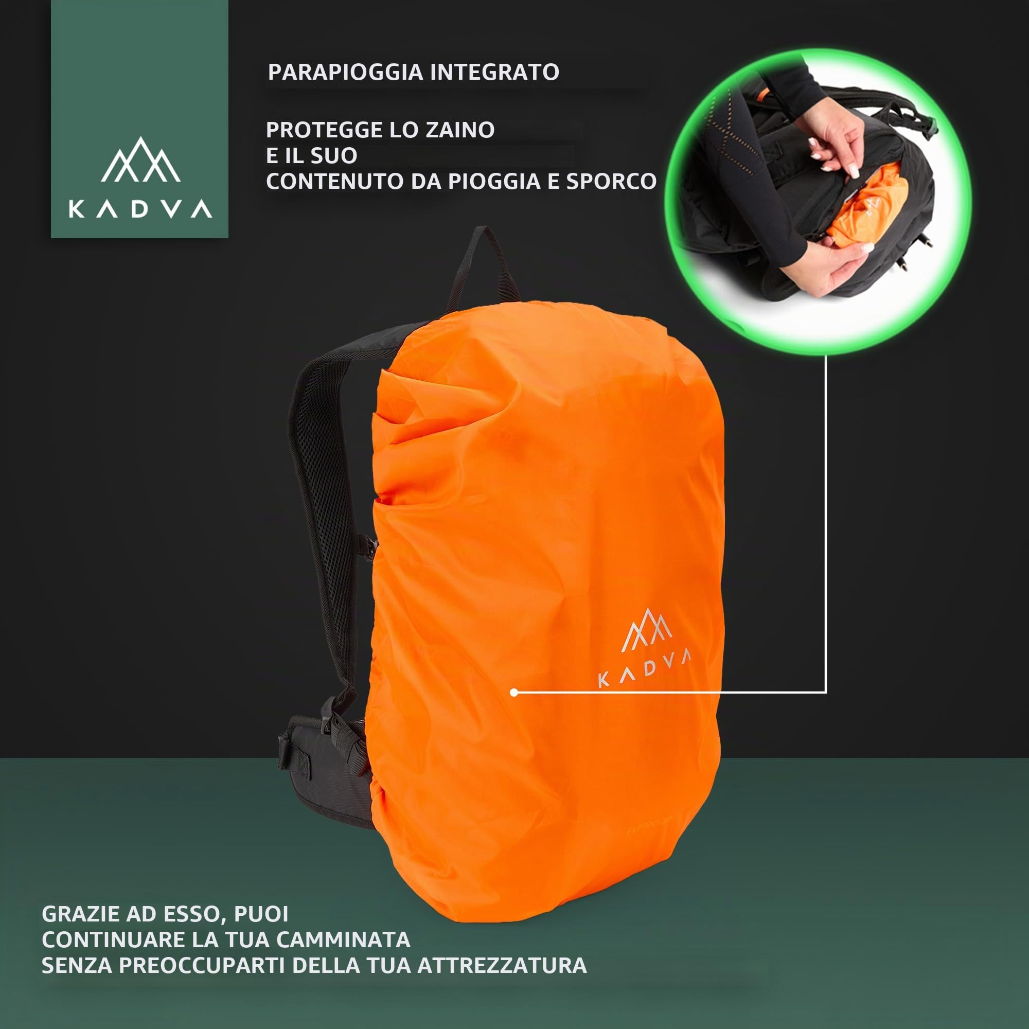 KADVA – Zaino da Trekking Fleiro 30 L con Schienale ventilato e Telaio, Accesso dal Basso al comparto Principale, Tasca per idratazione e Copertura Antipioggia Integrata