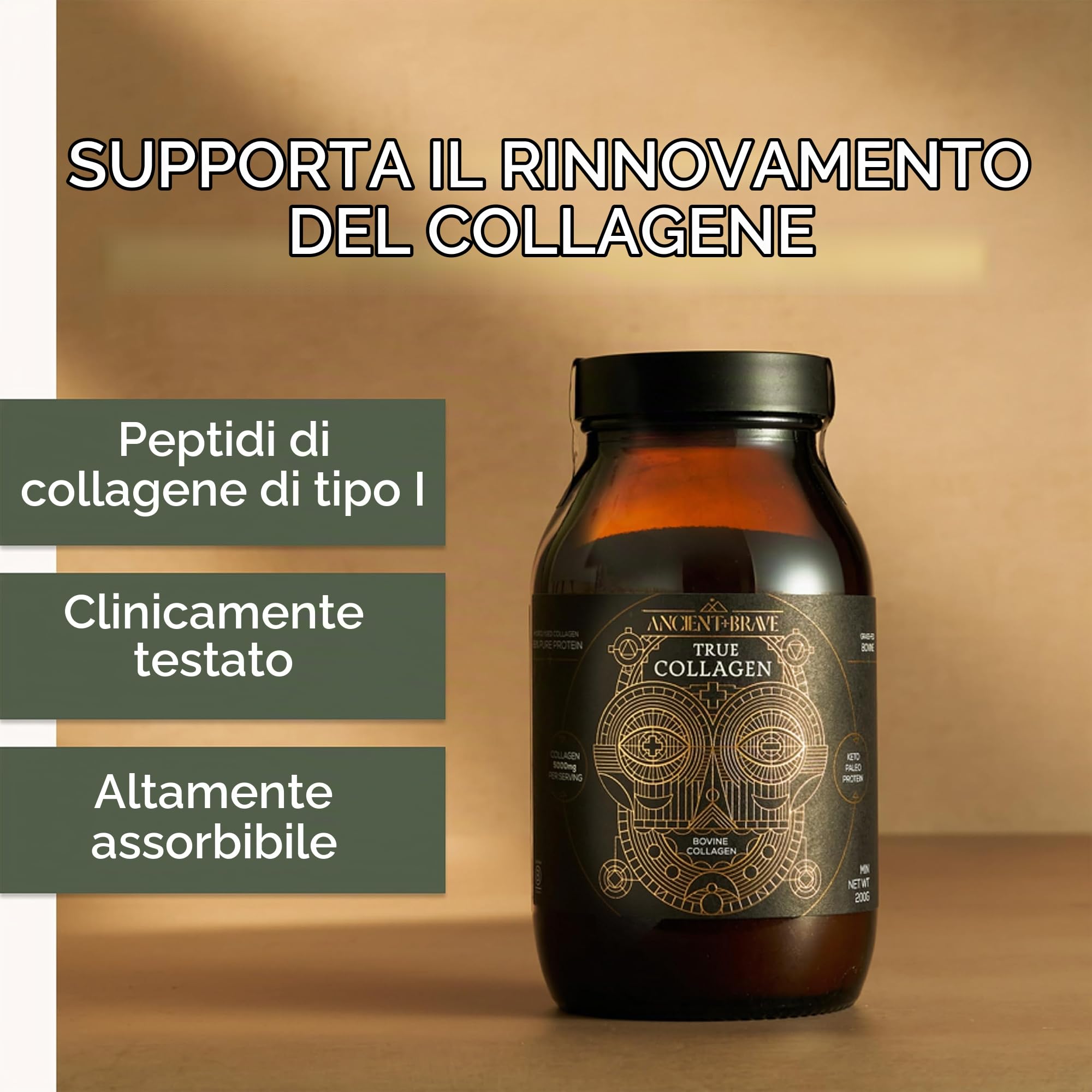 Ancient + Brave True Collagen 200g - Collagene Idrolizzato al 100% (Tipo 1) da Bovini Grass Fed - Peptidi di Collagene in Polvere ad Alto Contenuto Proteico - Pelle, Capelli e Unghie