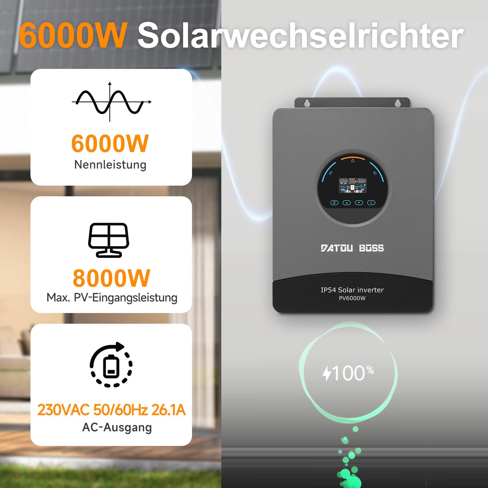 DATOUBOSS 6000W Hybrid Solar Wechselrichter 48V, Reiner Sinus, integrierter 120A MPPT, Blitz- und Wasserschutz, batterieloser Start, für Off-Grid Solarstrom (48V 6000W)