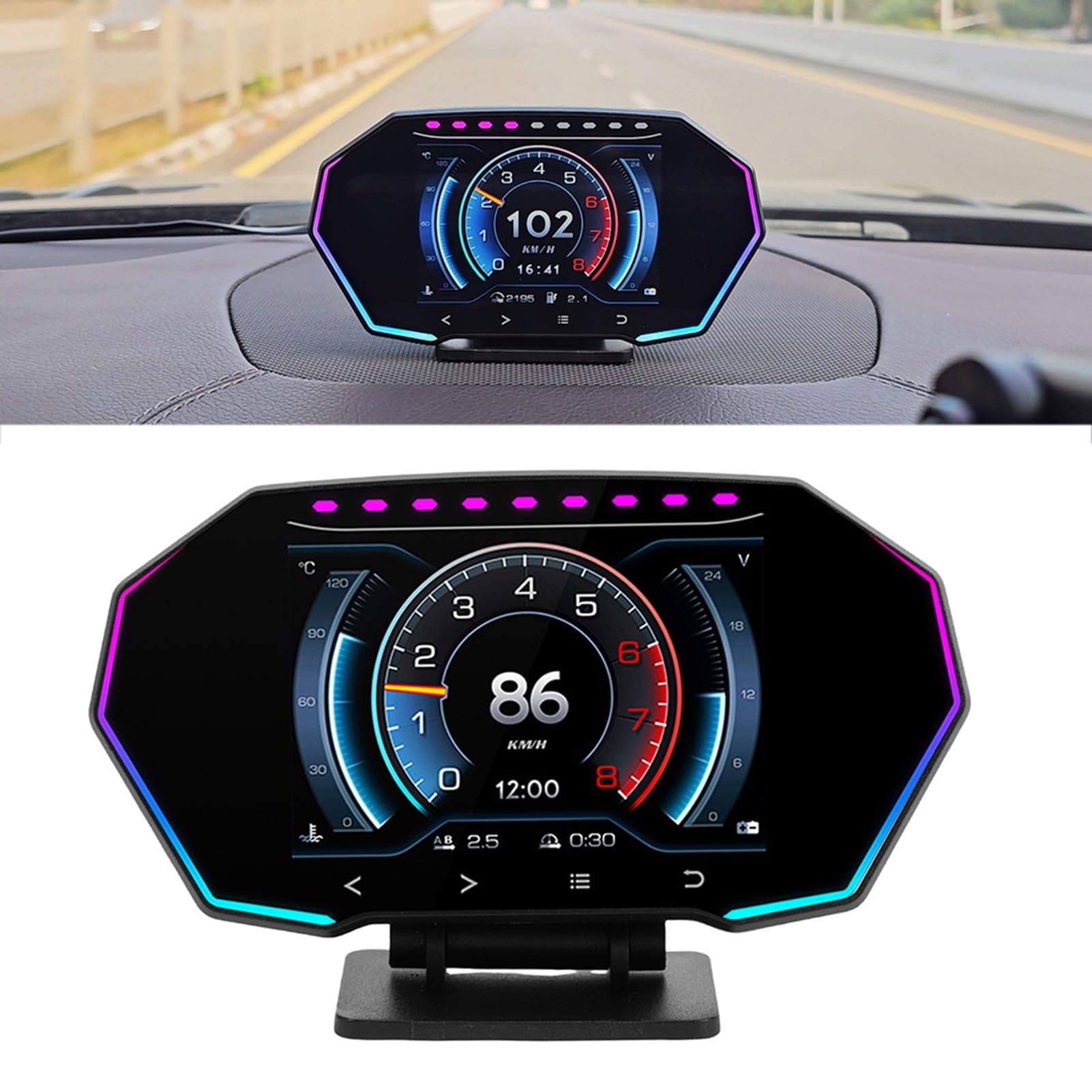 AMONIDA Wyświetlacz HUD Samochodu, Idealny do Pojazdów Benzynowych i Derv Po 1996 r., Prędkościomierz GPS OBD2, Wyświetlacz GPS OBD2 z Alertami Prędkości Obrotowej Pojazdu i Czujnikiem światła