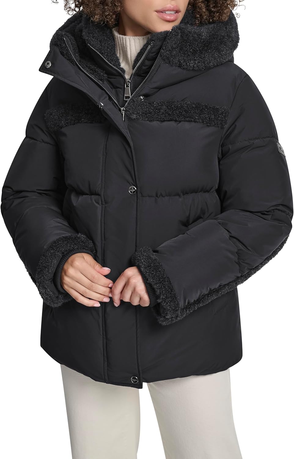 DKNY Women's Short Puffer Coat With Hood and Faux Fur Trim – Quilted Winter Jacket