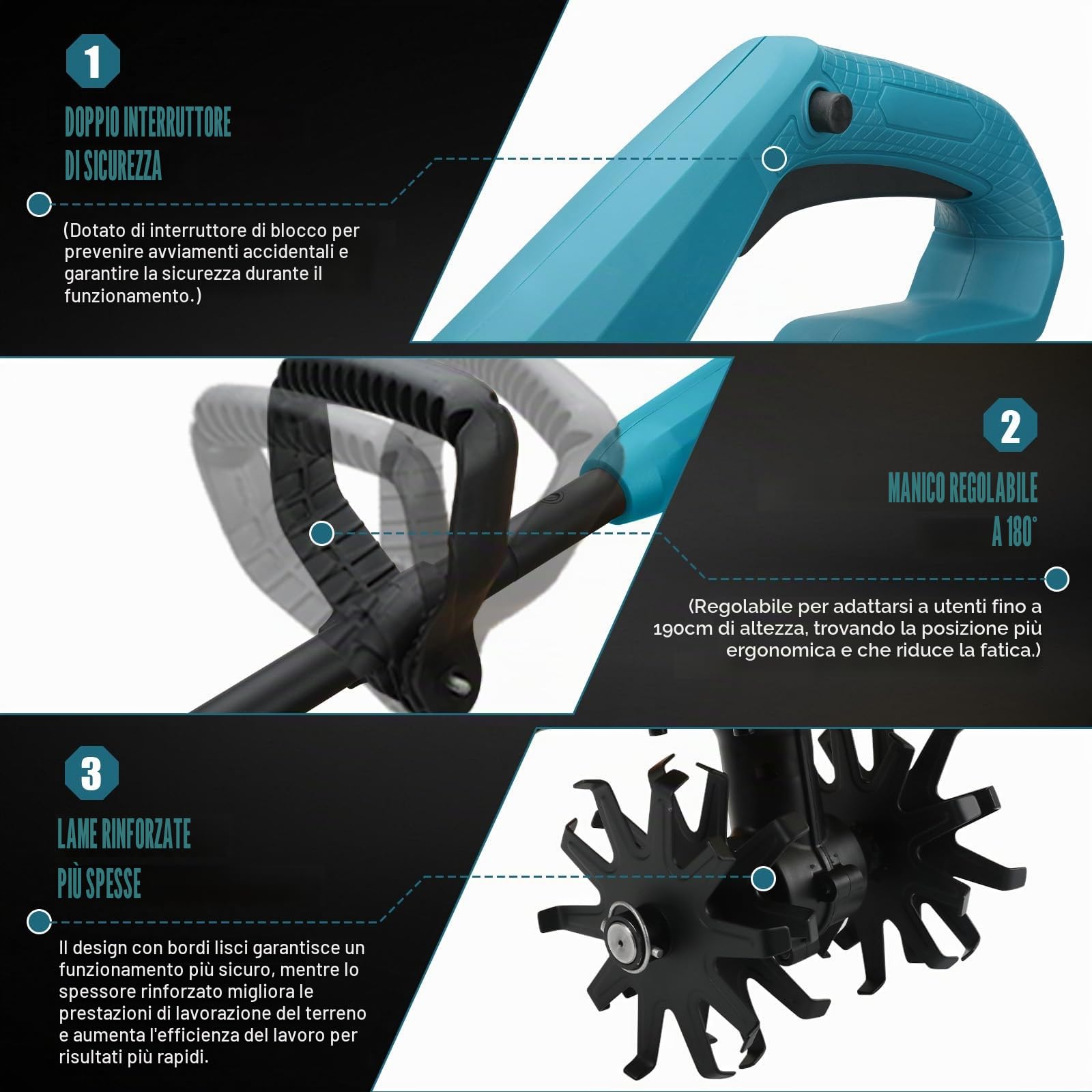 Motozappa senza fili per Makita 18V Batteria, Motozappa a Batteria con Motore Brushless, Altezza Regolabile, larghezza di lavoro 20 cm, profondità di lavoro 18 cm, per Giardini e Cortili