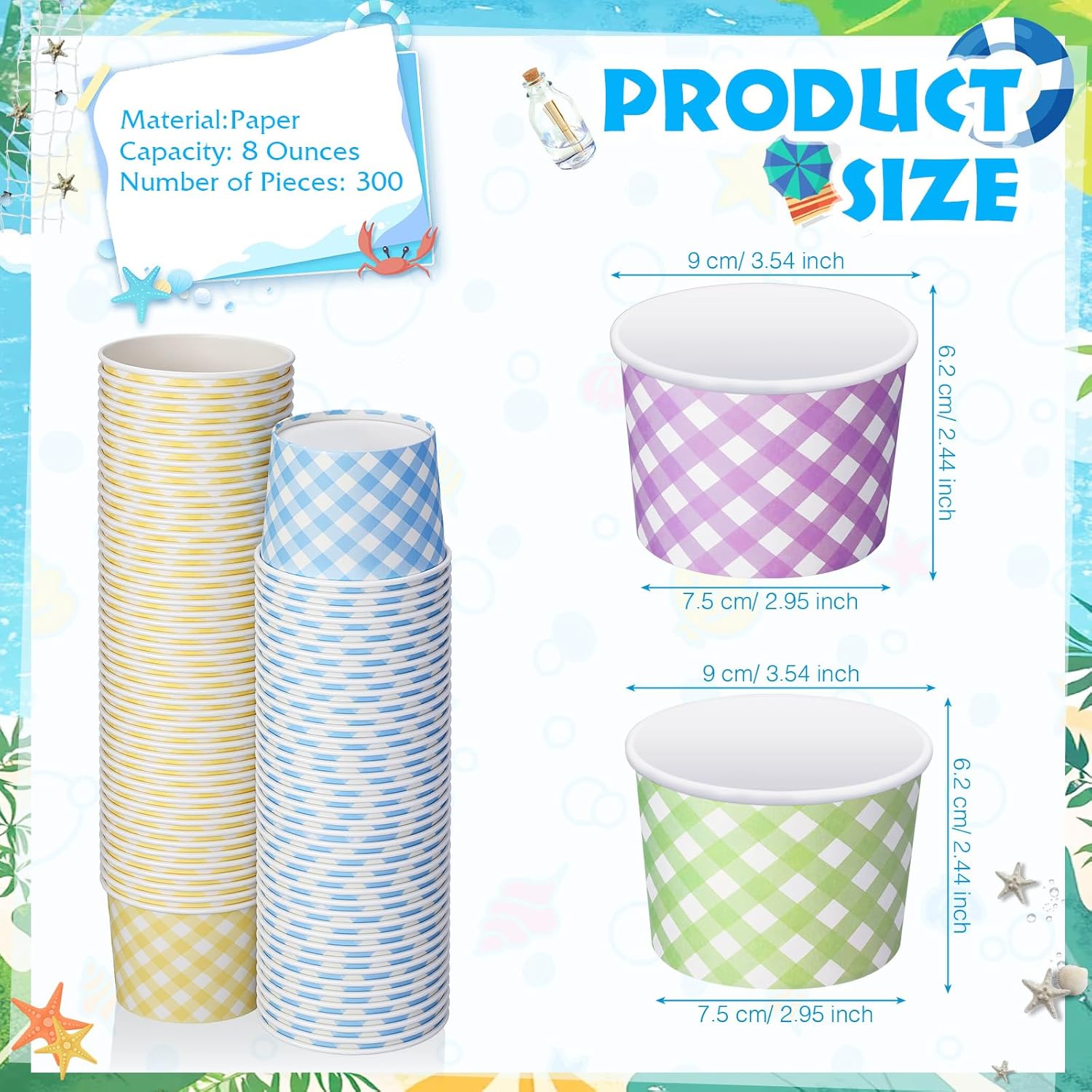 Nuenen 300 Pcs 8 oz Disposable Paper Cups Bowls Bulk Summer Ice Cream Sundae Bar Supplies for Sundae Snack Dessert Luau Baby Shower Party Supplies(Plaid)
