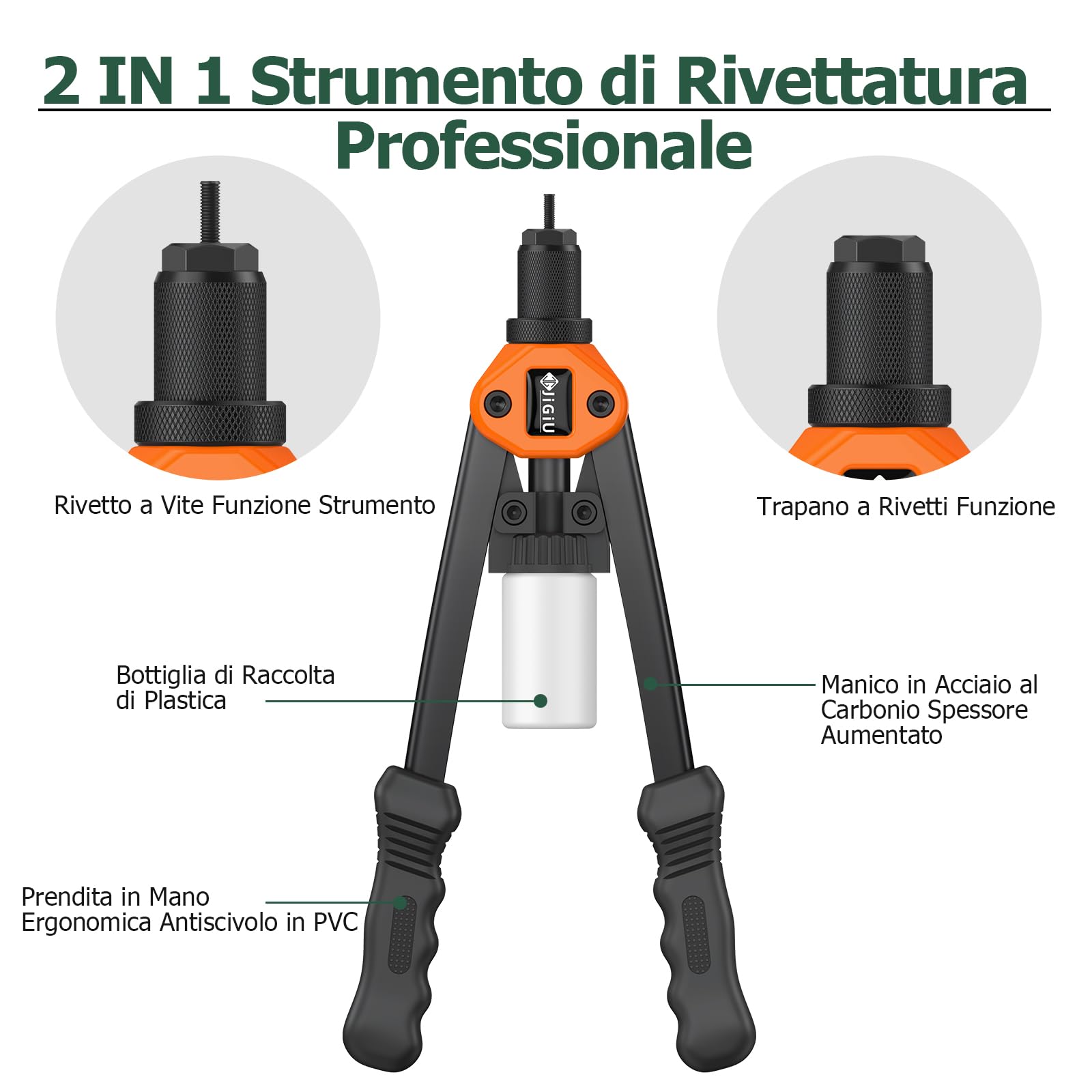 JiGiU Rivettatrice Professionale 2 in 1 per Inserti Filettati-7pz Mandrini Metrici 110 Dadi 5 Diverse Misure Doppio Manico di Rivettatrici-50 pz Rivetti per Lavori Edili-Nero Arancione