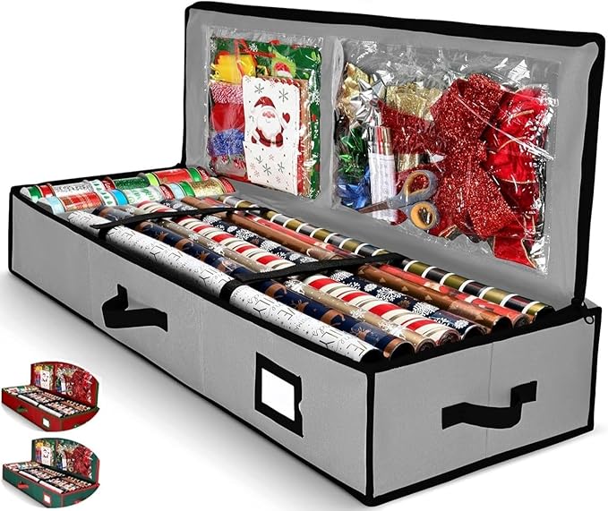 Gift Wrap Organizer, Christmas Wrapping Paper Storage Bag w/Useful Pockets for Xmas Accessories, Fits Upto 24 Rolls, Underbed Storage for Holiday Decorations, Large Capacity Storage Box
