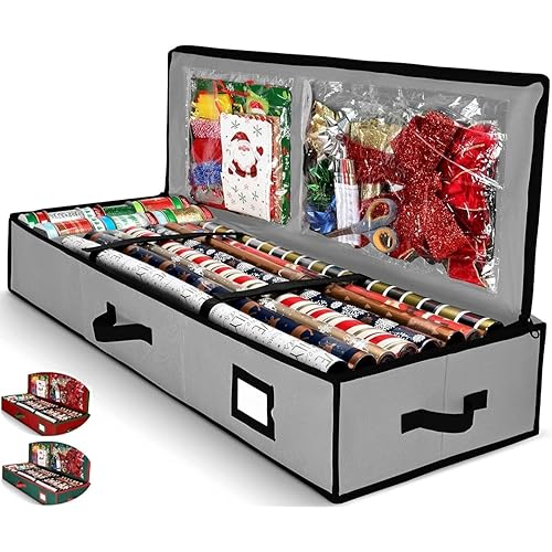 Gift Wrap Organizer, Christmas Wrapping Paper Storage Bag w/Useful Pockets for Xmas Accessories, Fits Upto 24 Rolls, Underbed Storage for Holiday Decorations, Large Capacity Storage Box