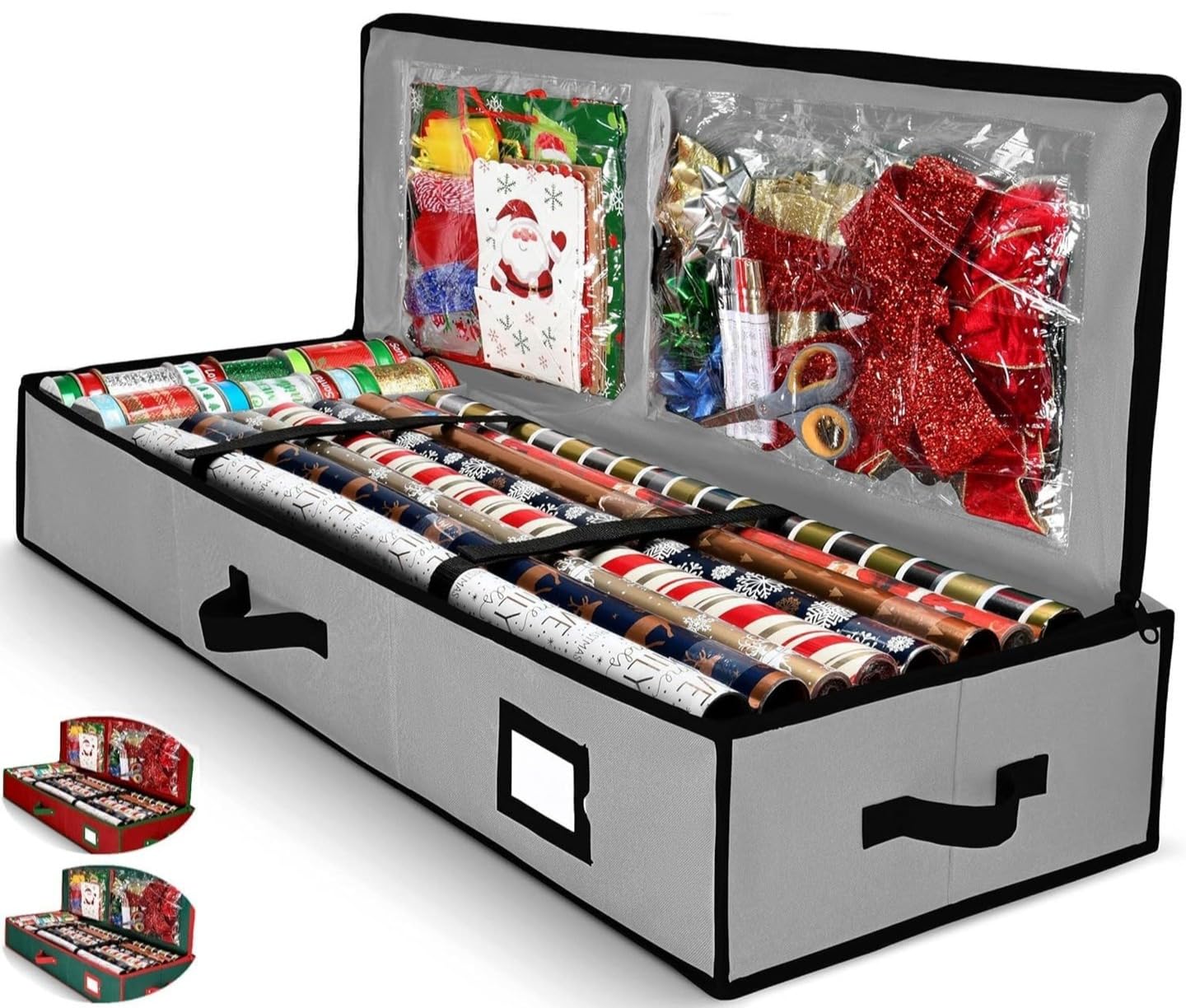 Gift Wrap Organizer, Christmas Wrapping Paper Storage Bag w/Useful Pockets for Xmas Accessories, Fits Upto 24 Rolls, Underbed Storage for Holiday Decorations, Large Capacity Storage Box