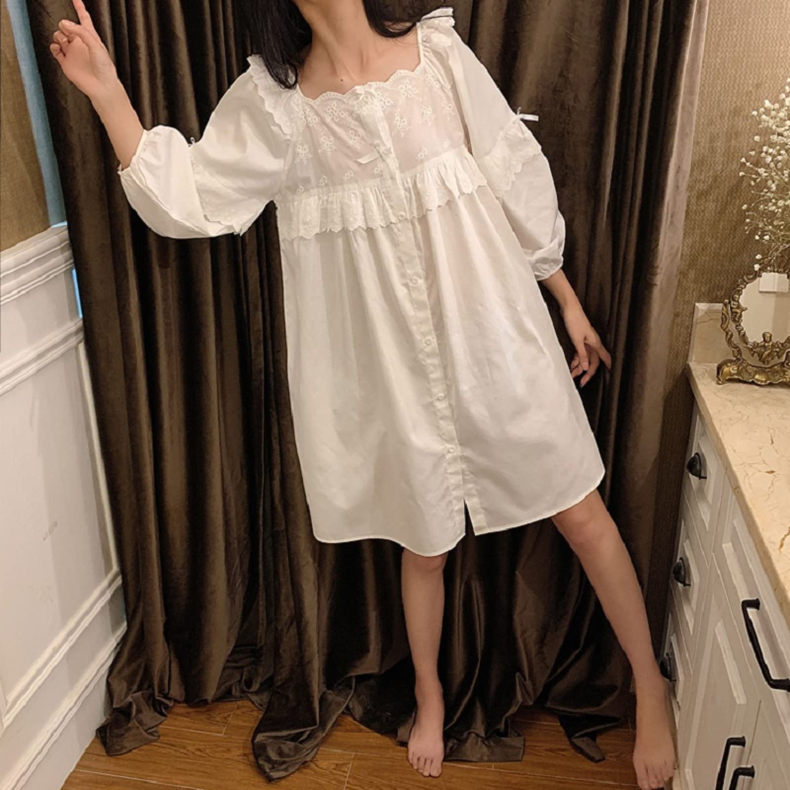OFFSUM Camicia da Notte Donna - Primavera Estate Dolce Bowknot Camicia da Notte Floreale in Pizzo di Cotone Bianco Tinta Unita Classica Abbigliamento da Notte Casual Abbigliamento da Notte