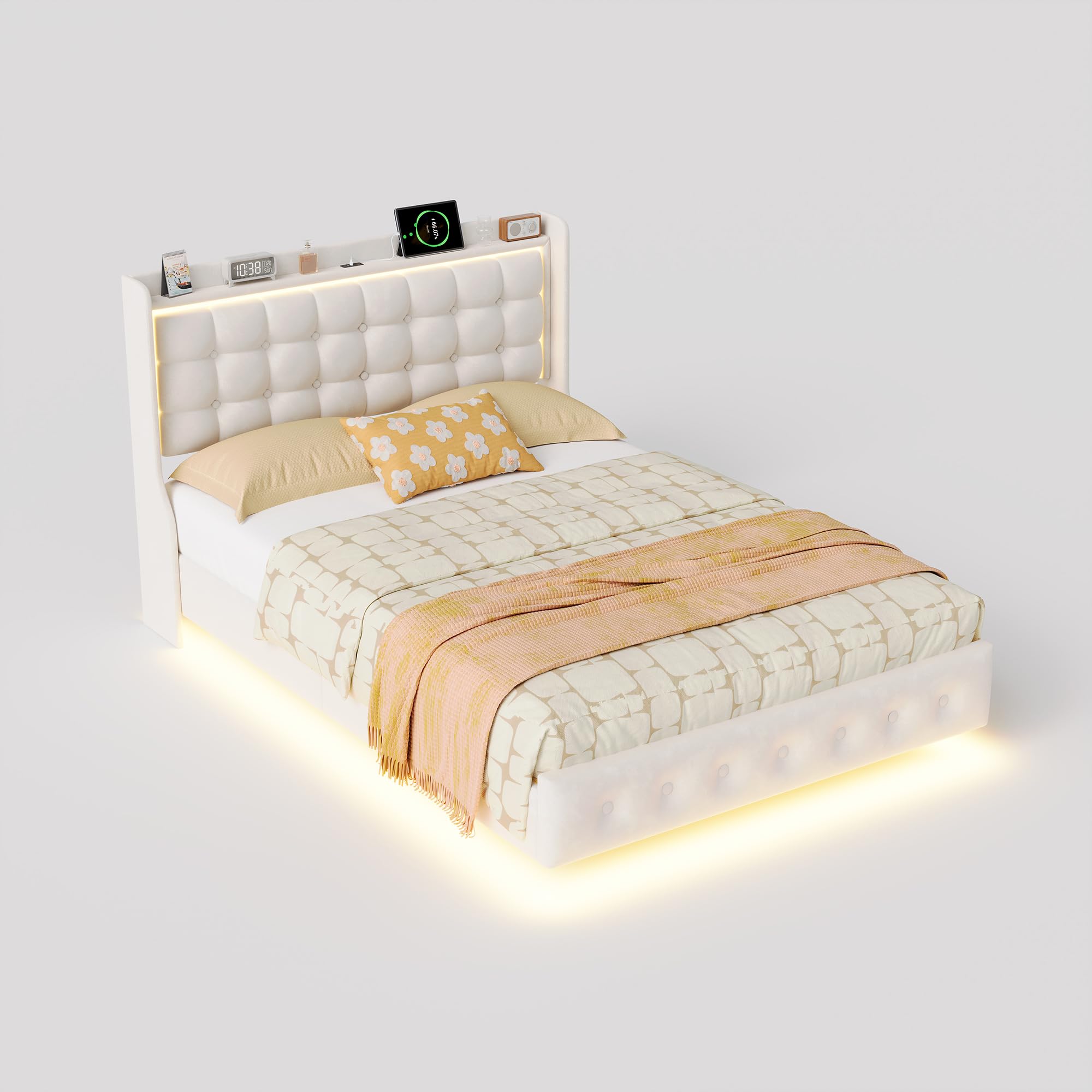 Letto imbottito con effetto galleggiante, LED RGB e porte USB integrate, letto matrimoniale 140 x 200 cm con testiera e rete a doghe in tessuto velluto