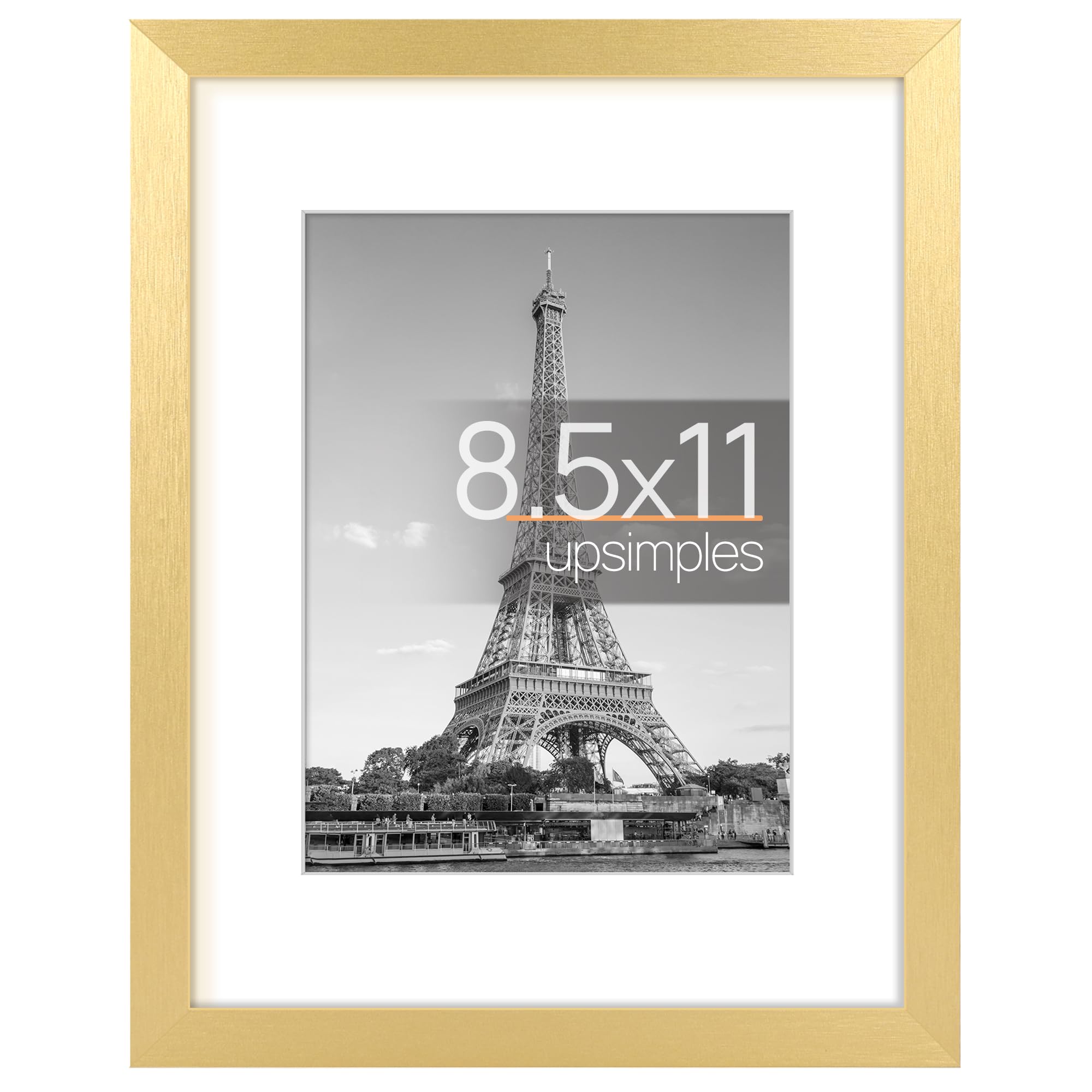 upsimples 8.5 By 11 Picture Frame, Display Pictures 6x8 with Mat or 8.5 x 11 Without, Wall Hanging Photo Frames, Gold, 1 Pack