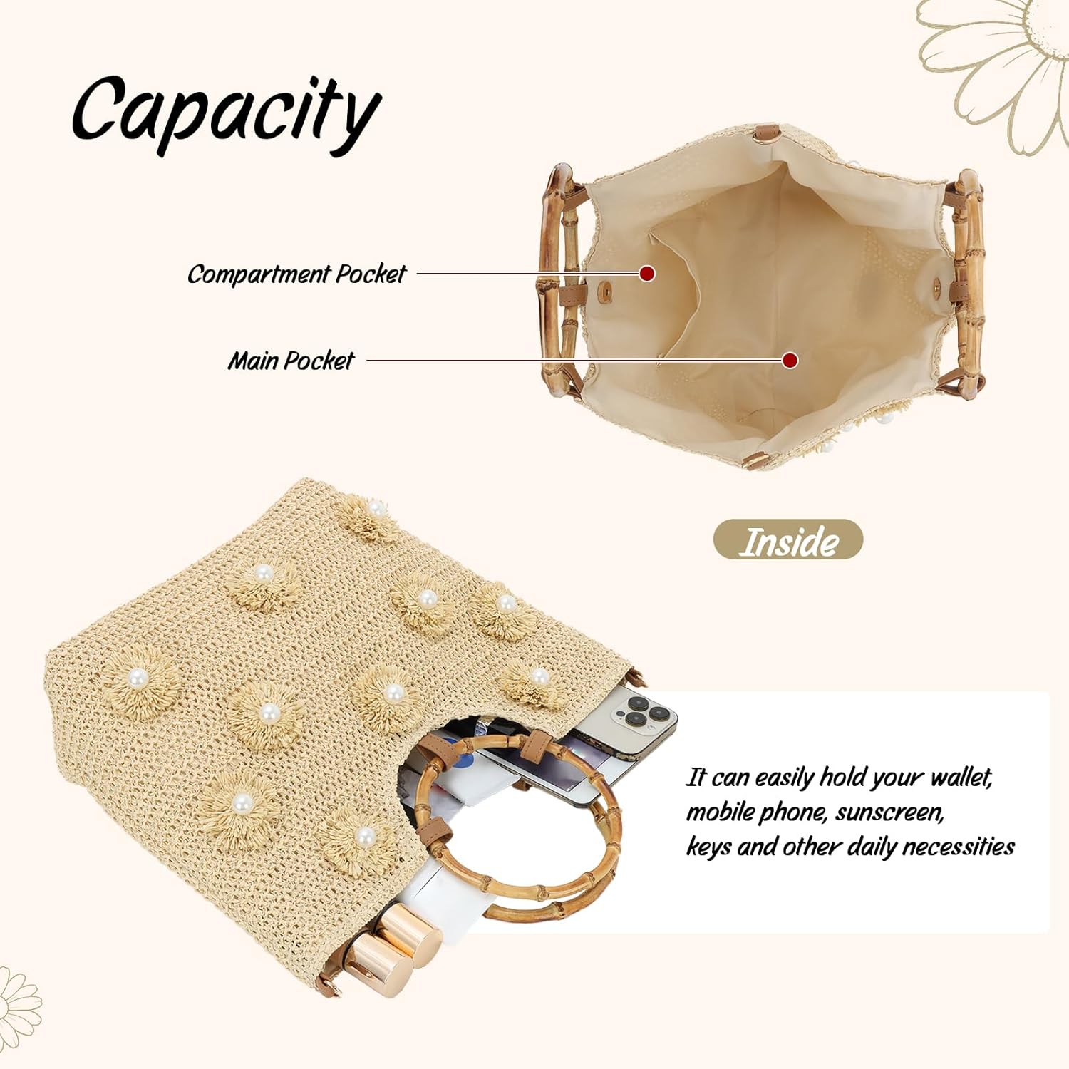 Beach Bags for Women, Summer Beach Woven Bag, Flower Pearls Straw Tote Bag for Summer Vacation