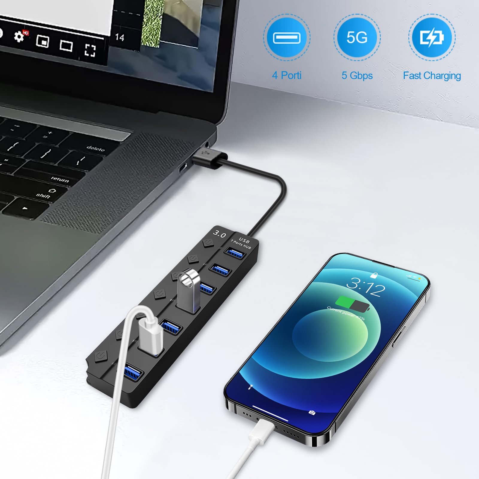 HORJOR Hub USB 3.0 7 Ports avec Interrupteur Séparé et LED, Alimenté Adaptateur Transfert Données Charge Rapide