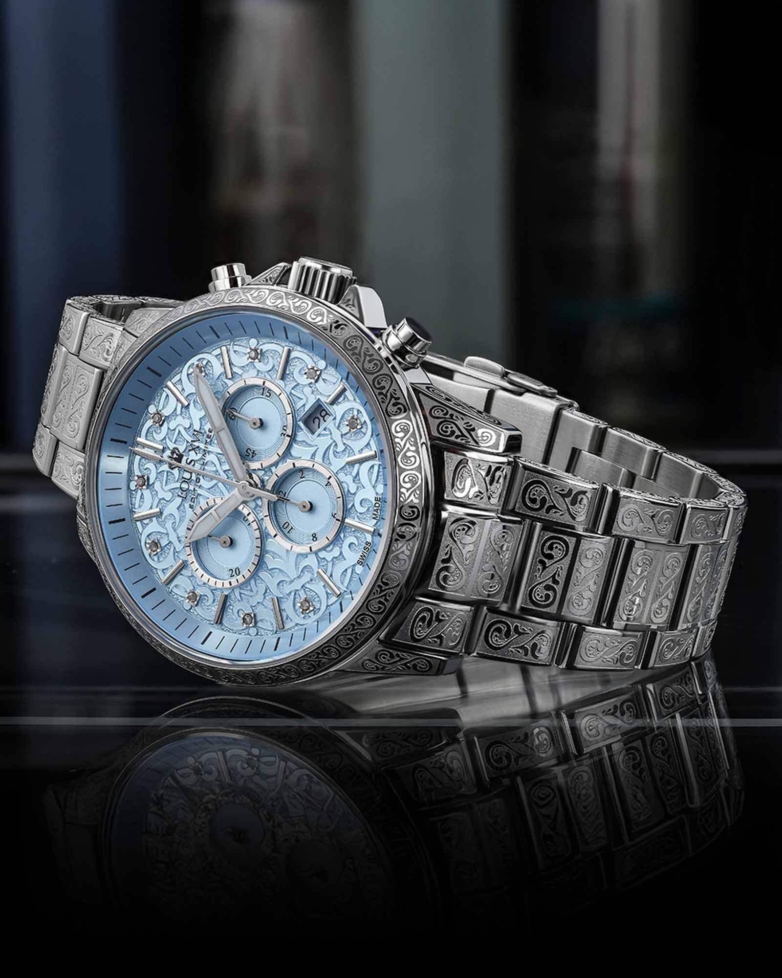 LOUIS XVI Palais Royale 2.0 1823 - Ø 43 mm - orologio da uomo - impermeabile - bracciale argento - quadrante bambino blu con diamanti - movimento al quarzo svizzero