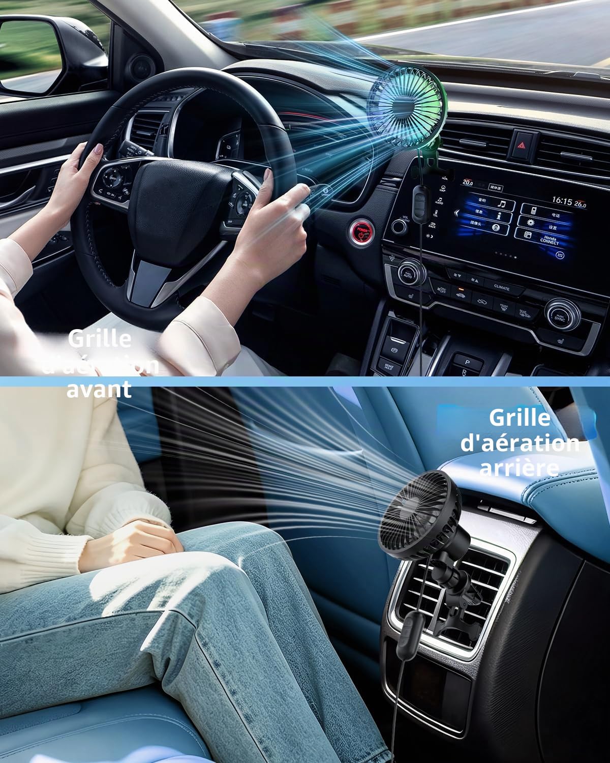 Ventilateur de Voiture, ventilateur de voiture Tête Mobile à 90°, 12V USB Ventilateur 3 vitesses 360° avec lumière RGB, Moins de bruit Convient à une grande variété de véhicules