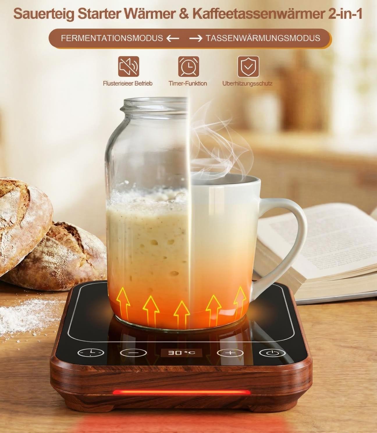 SauerteigStarterWärmer, 21℃-38℃ Wärmeplatte Präzise 1℃ Thermostat, Wärmematte Sauerteig mit 12-Stunden-Timer & Speicherfunktion, intelligenter Wärmer für Kombucha, Joghurt und Bierfermentation