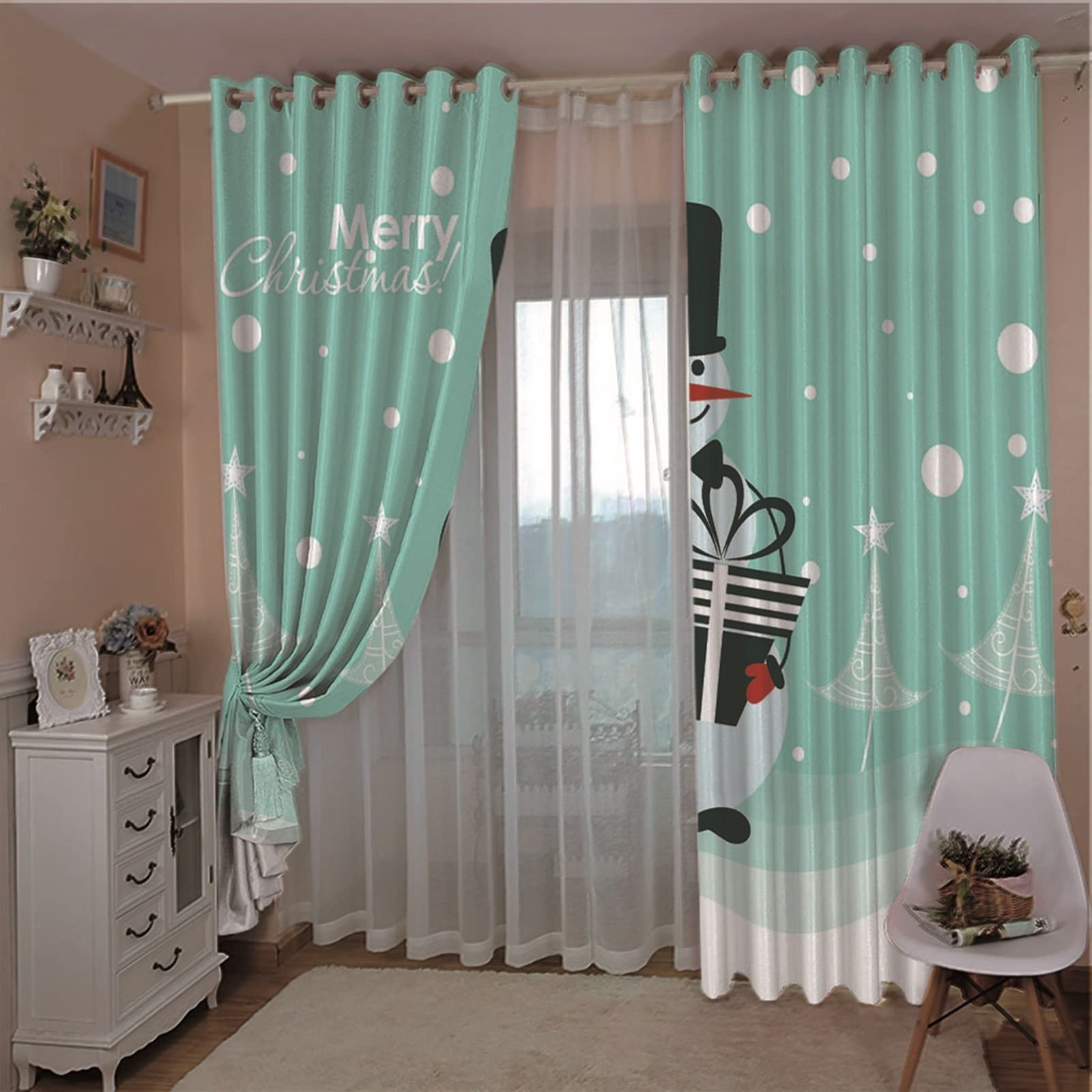 Bałwan z prezentami i choinką salon zasłona nowoczesna, zasłony kuchenne okno 2 panele, szer. 106 cm x dł. 213 cm