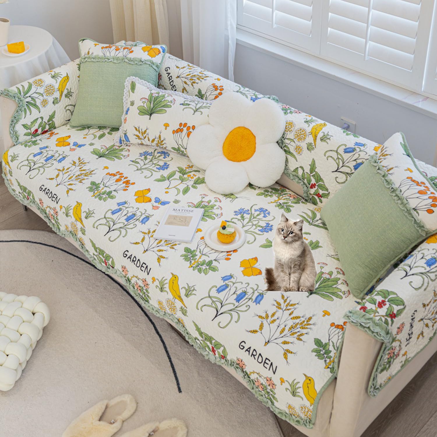 Housse de canapé en coton anti-glisse tapis floral bords ondulés