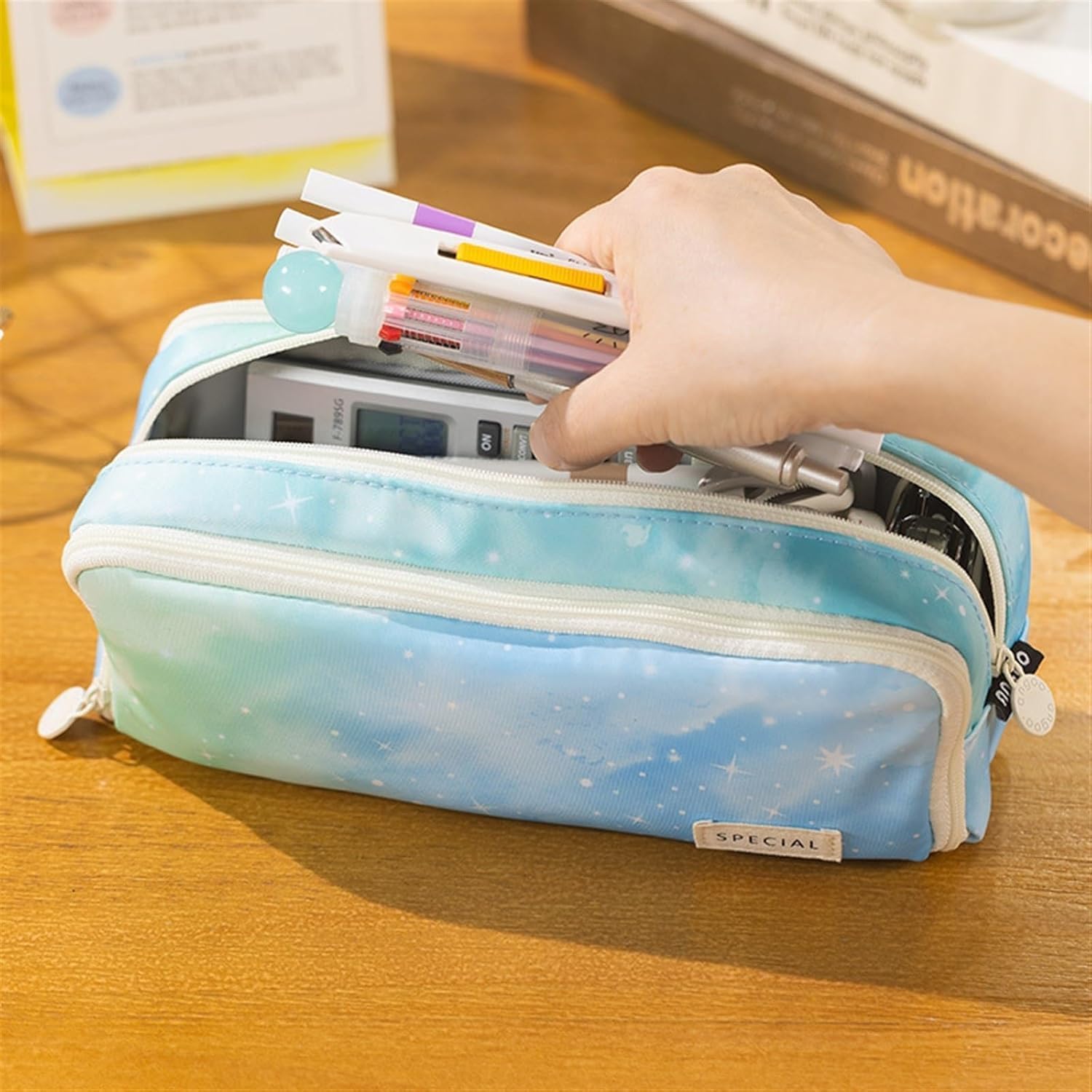 DD RETAILS 3 Compartment Rainbow Special Pencil Pouch || Large Pencil Case with Multiple Compartments || Galaxy Aesthetic Print Pencil Case for Kids & College Students (Pack of 1) (Pink) 4