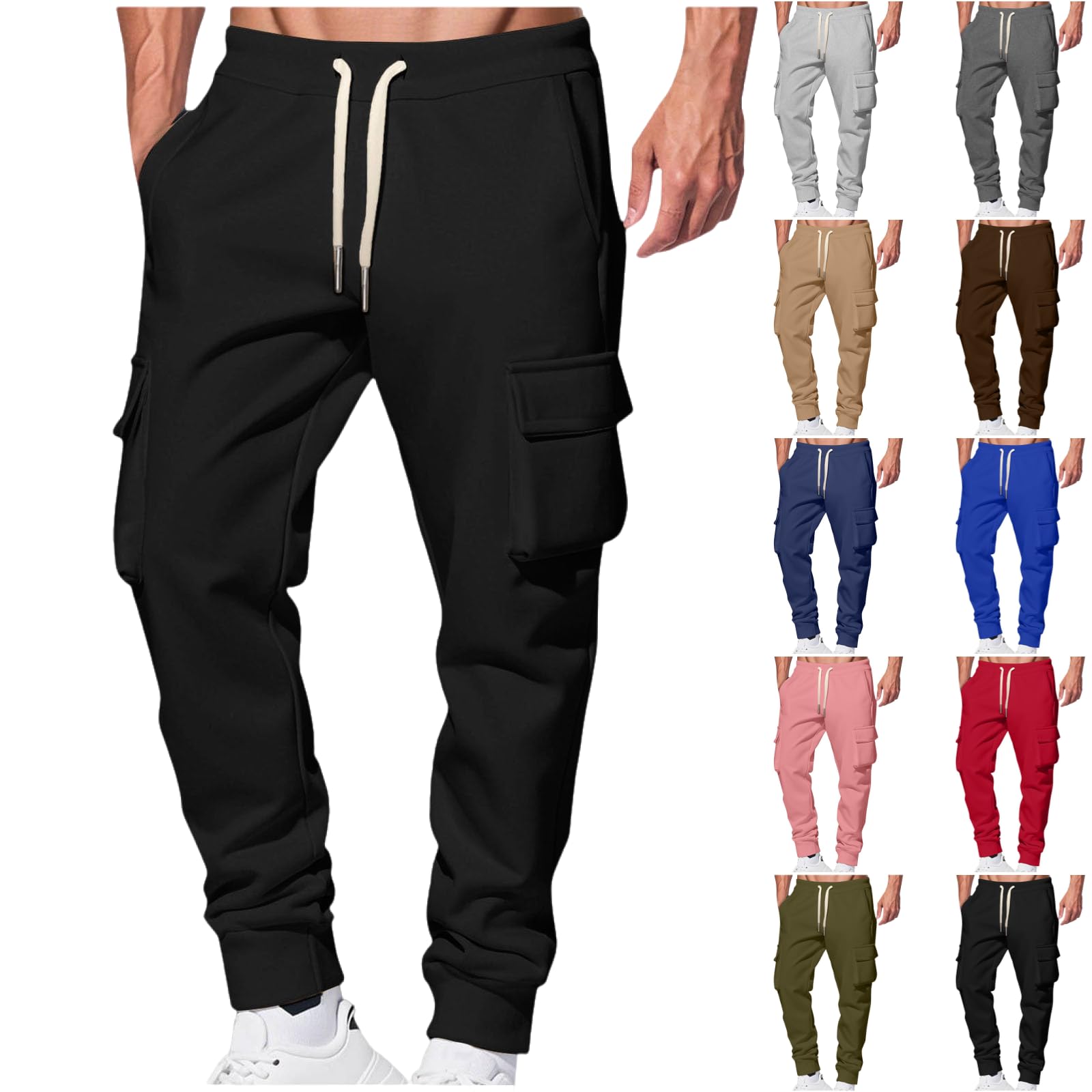 Mens Cargo Sweatpants Fleece Heavyweight Elastic Waist Cargo Pants Baggy Athletic Workout Joggers Pants with Pockets