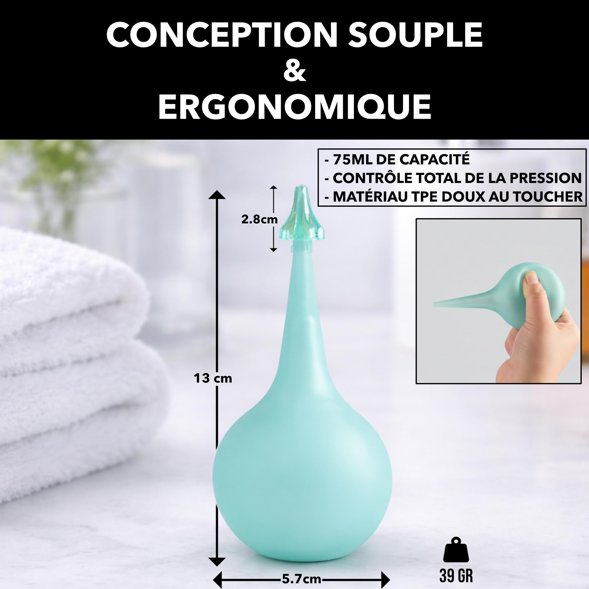 Poire Lavement Oreilles 75ml Haute Précision - Seringue Auriculaire Souple pour Nettoyage du Cérumen - Retrait de Bouchon d'Oreille - Embout Transparent Amovible - Matériau TPE Médical