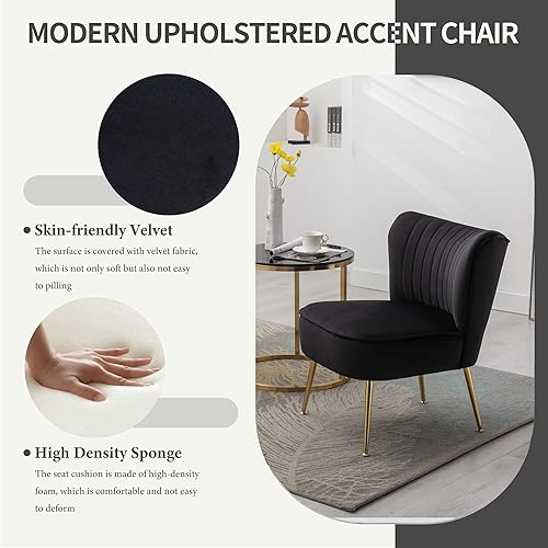 Miniatura 4 de KCC Juego de 2 sillas decorativas modernas tapizadas de terciopelo, sillas de sala de estar de mediados de siglo con patas doradas, cómoda silla sin