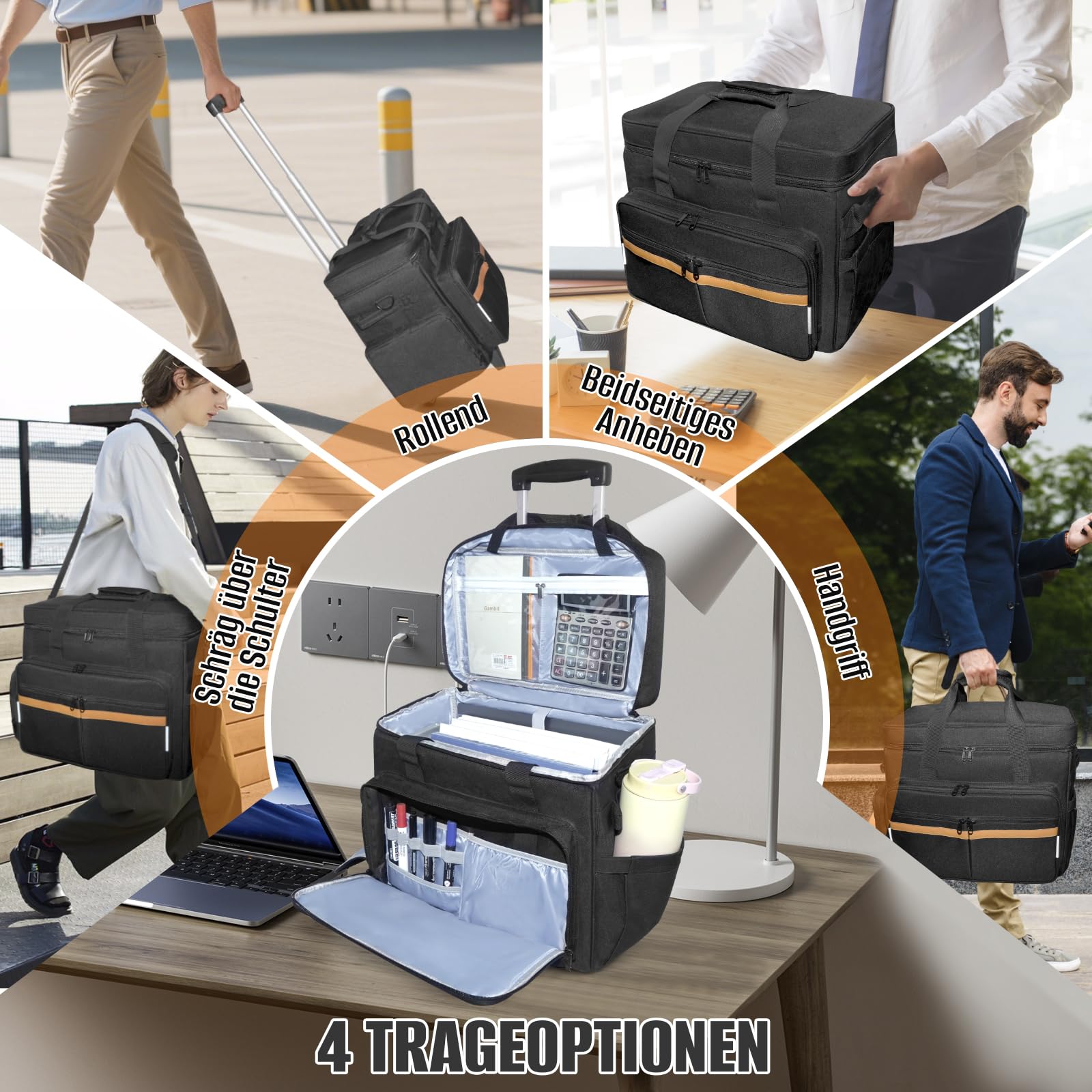 SUNDOY Rolling - Bolsa de Trabajo para Profesores con Compartimento expandible, para Profesores de hasta 17,3 Pulgadas, Negro+marrón, 42x23x35-ZM, Pata de Gallo