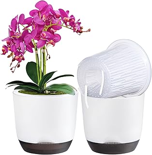 2Pack orchid pots,5.8In large self watering orchid plant pots indoor, Clear Plastic Pots with Holes and Detachable Water Reservoir(white)