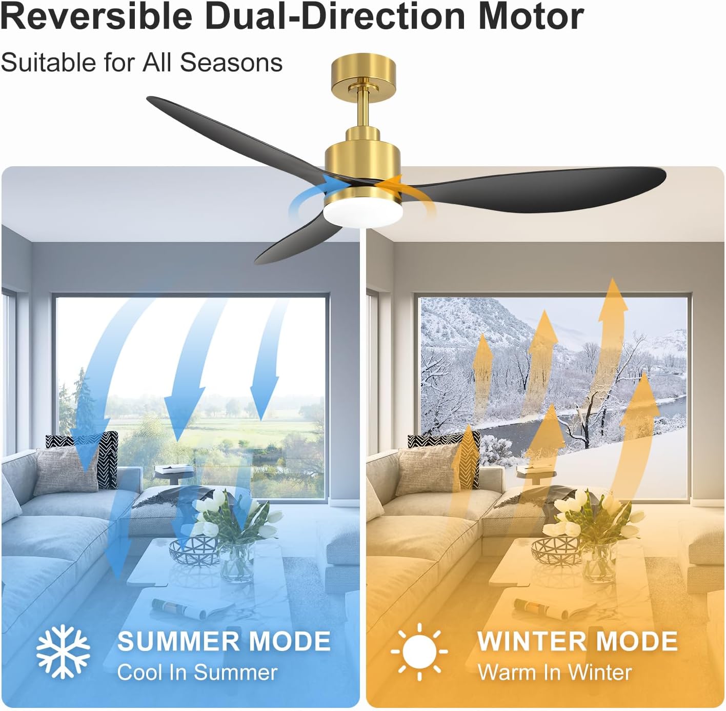 52" ceiling fans with lights and remote, quiet dc motor, 3 reversible blades, modern gold and black ceiling fan with 3-color led light fandelier for bedroom living room gold & black