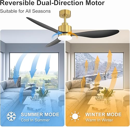 Miniatura 2 de Ventiladores de techo de 52 pulgadas con luces y control remoto, motor de CC silencioso, 3 aspas reversibles, ventilador de techo moderno dorado y