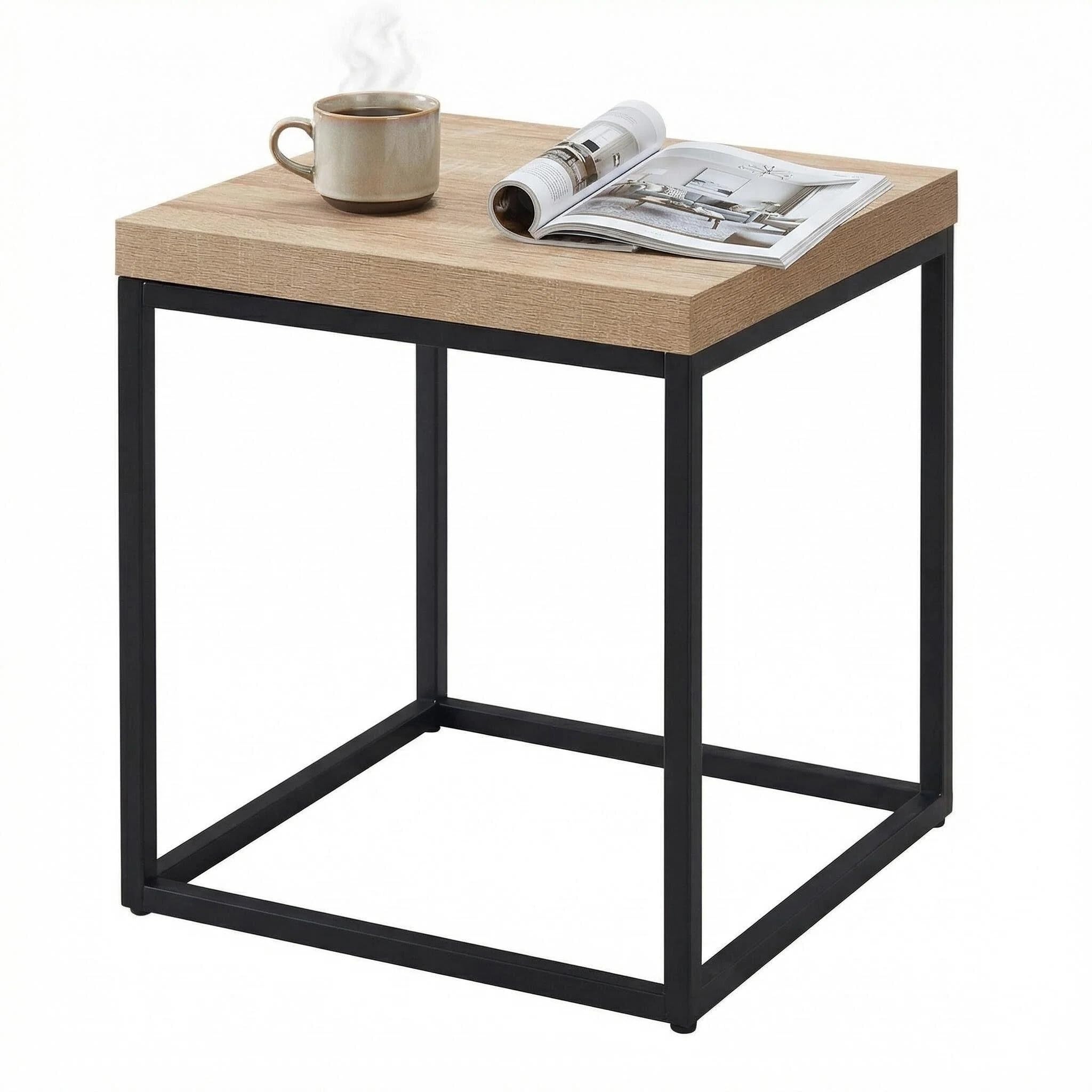 CENSI 18-Inch Natural Oak Accent End Table/Side Table | Extra Thick 1.6" Honey-comb Wood Top, Modern Industrial, Square, Metal and Wood