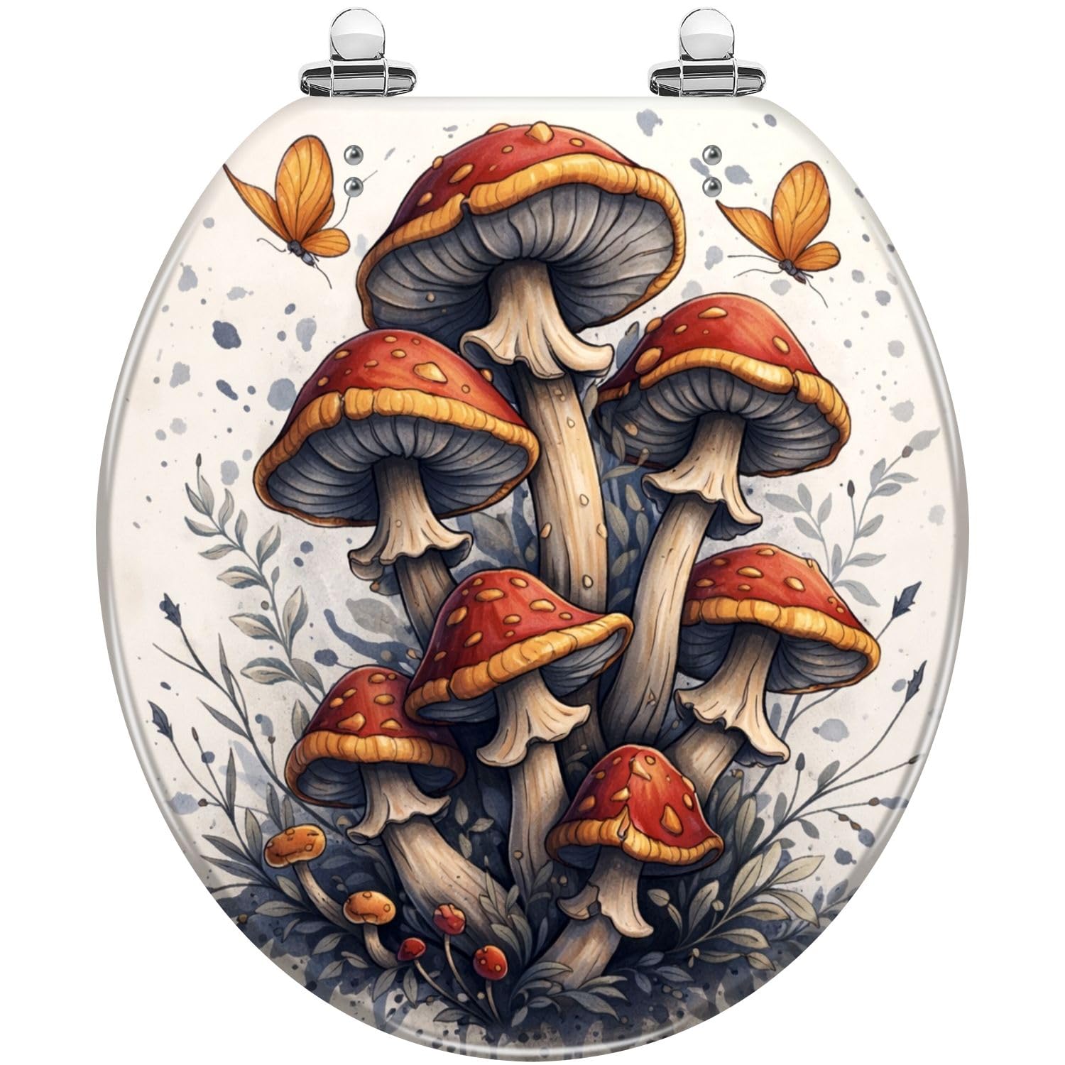 Toilet seat, Round Hinges red Mushrooms Butterflies Setting Resin Cover Bumpers Install Easily Clean Quickly, Adjustable, Lightweight, Durable, Portable, User-Friendly