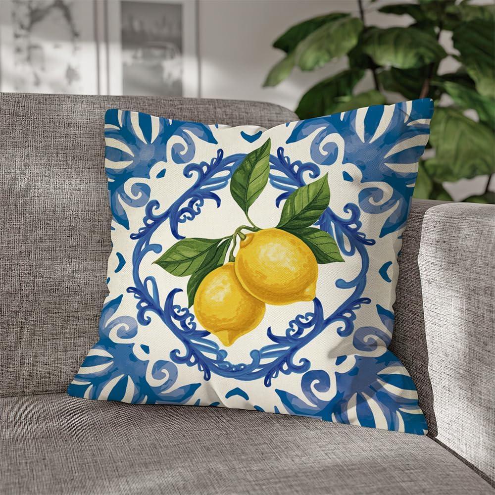 Fahrendom Blue Lemon Italy Tile Pattern Decorative Throw Pillow Covers 18 x 18 Set of 4, Amalfi Coast Italian Capri Citrus Porch Pillowcase, Summer Mediterranean Sofa Couch Cushion Case Home Decor
