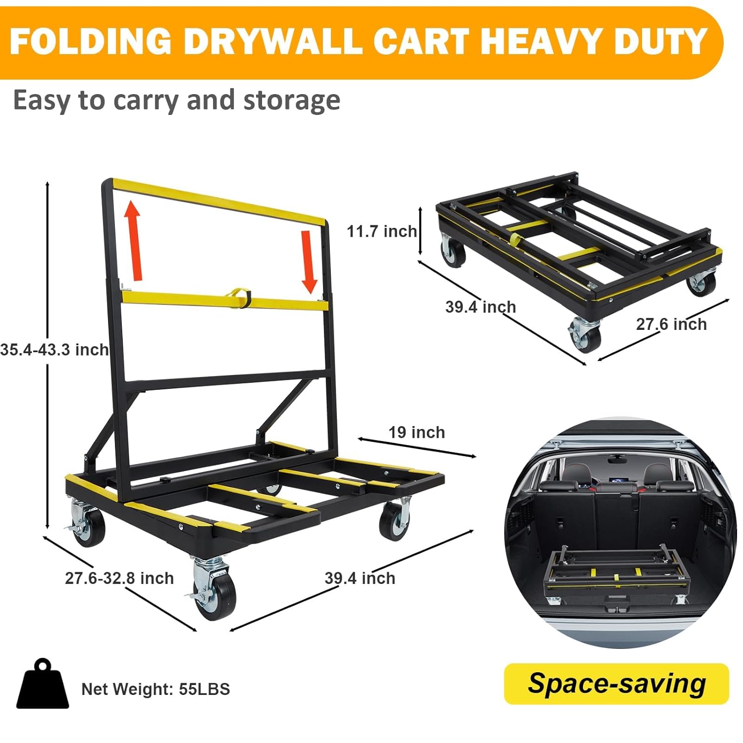 Folding Drywall Cart Heavy Duty,Drywall Dolly Load 2200 lbs Capacity,Panel Casters with Extended Large Deck,Panel Dolly Handling Plywood Sheetrock Glass and Windows Service Truck