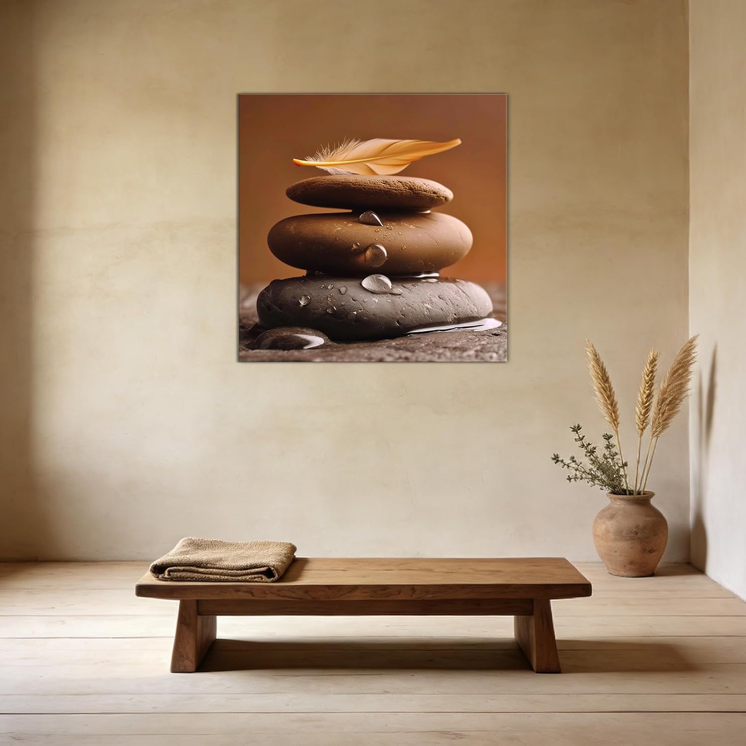 Zen Spa Stone Wall Art Stacked Stones with Feather Canvas Print Calming Still Life Poster Print for Meditation Spa Room Decor Framed(Artwork-2,24"x24")
