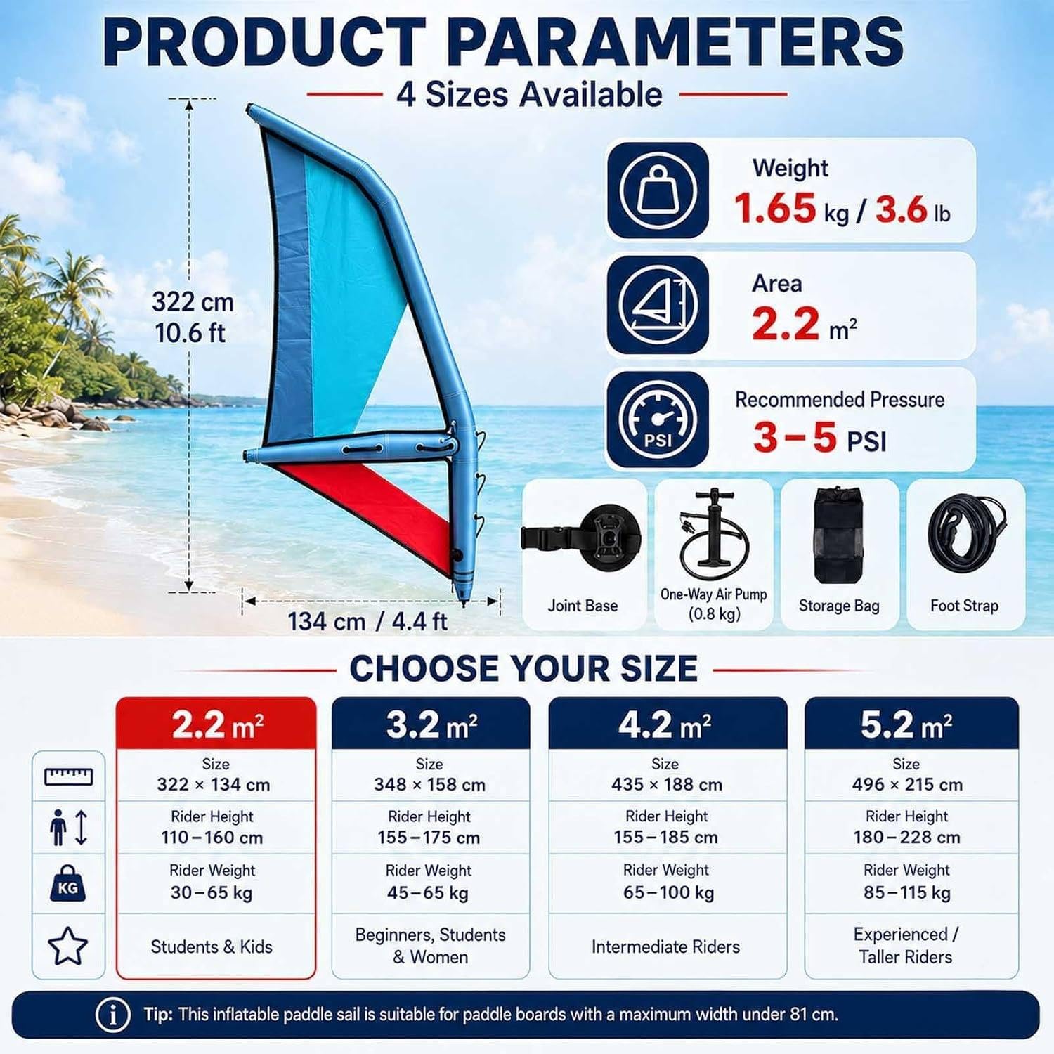 Vela Sup Portátil con Doble Cámara y Ventana Transparente 2.2m | Elige 2,2, 3,2, 4,2 O 5,2 M²; Base Articulada, Bomba, Mochila Y Leash; Tabla De Paddle Surf No Incluida, Para Windsurf